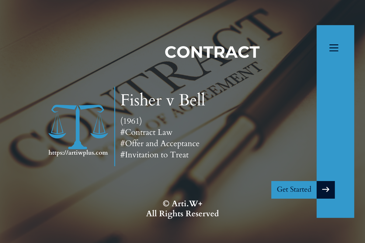 A legal contract themed image showing a gavel, scales of justice, and text related to the Fisher v Bell (1961) case in contract law.