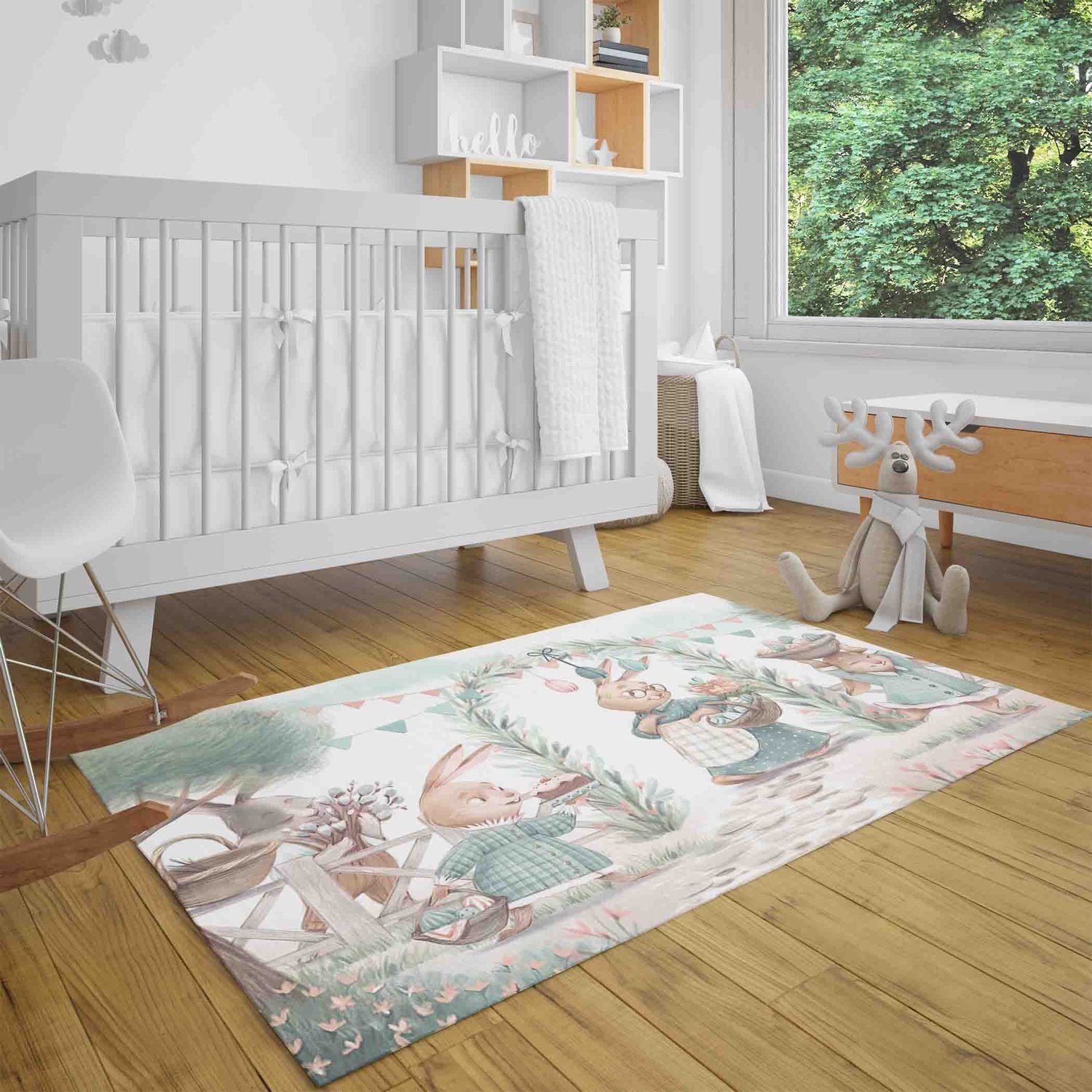 Easter bunny-themed rug in a nursery room with bunny enjoying a peaceful day.