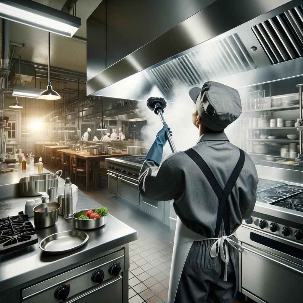 This image depicts a professional kitchen setting, highlighting a worker in uniform meticulously cleaning a stainless steel vent hood. The worker is equipped with specialized cleaning tools, emphasizing the thoroughness and expertise required in kitchen e