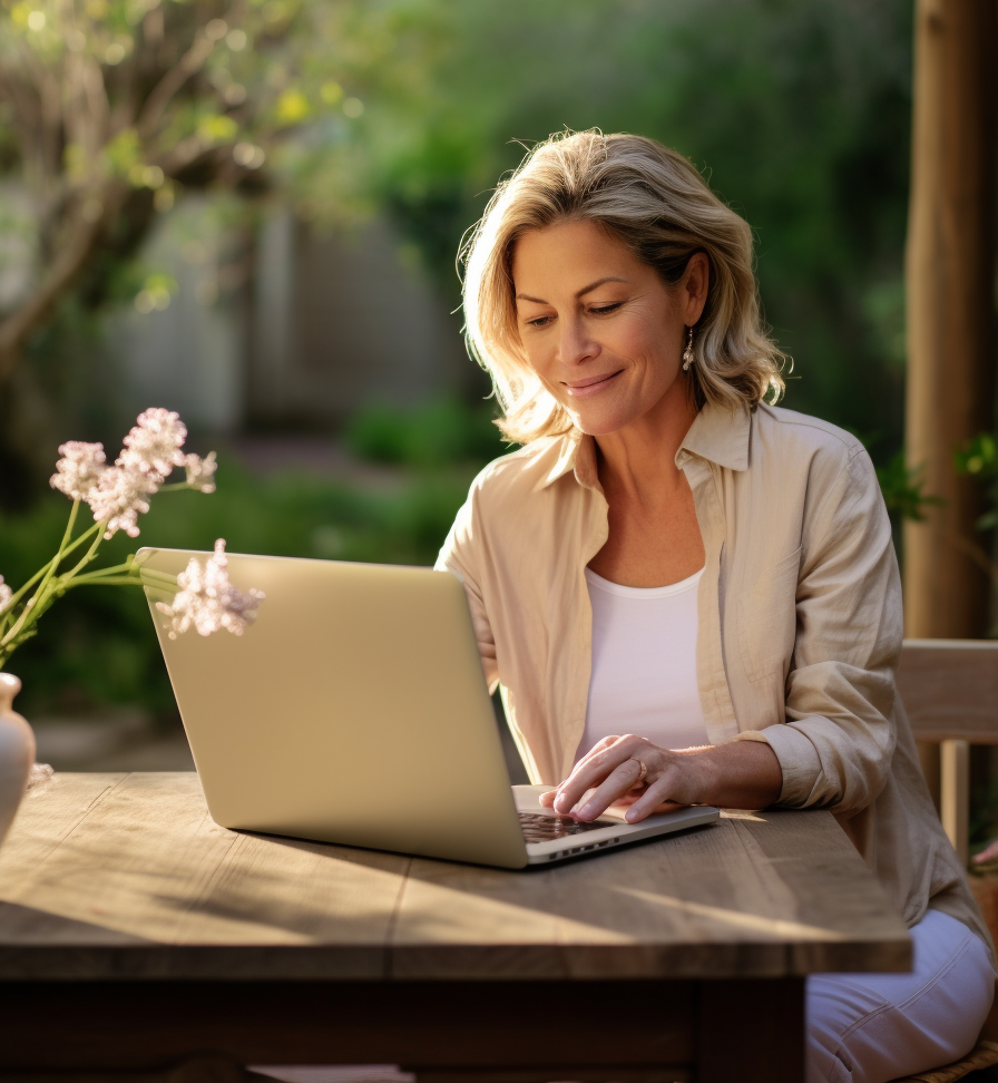 woman sitting in the garden journaling on laptop