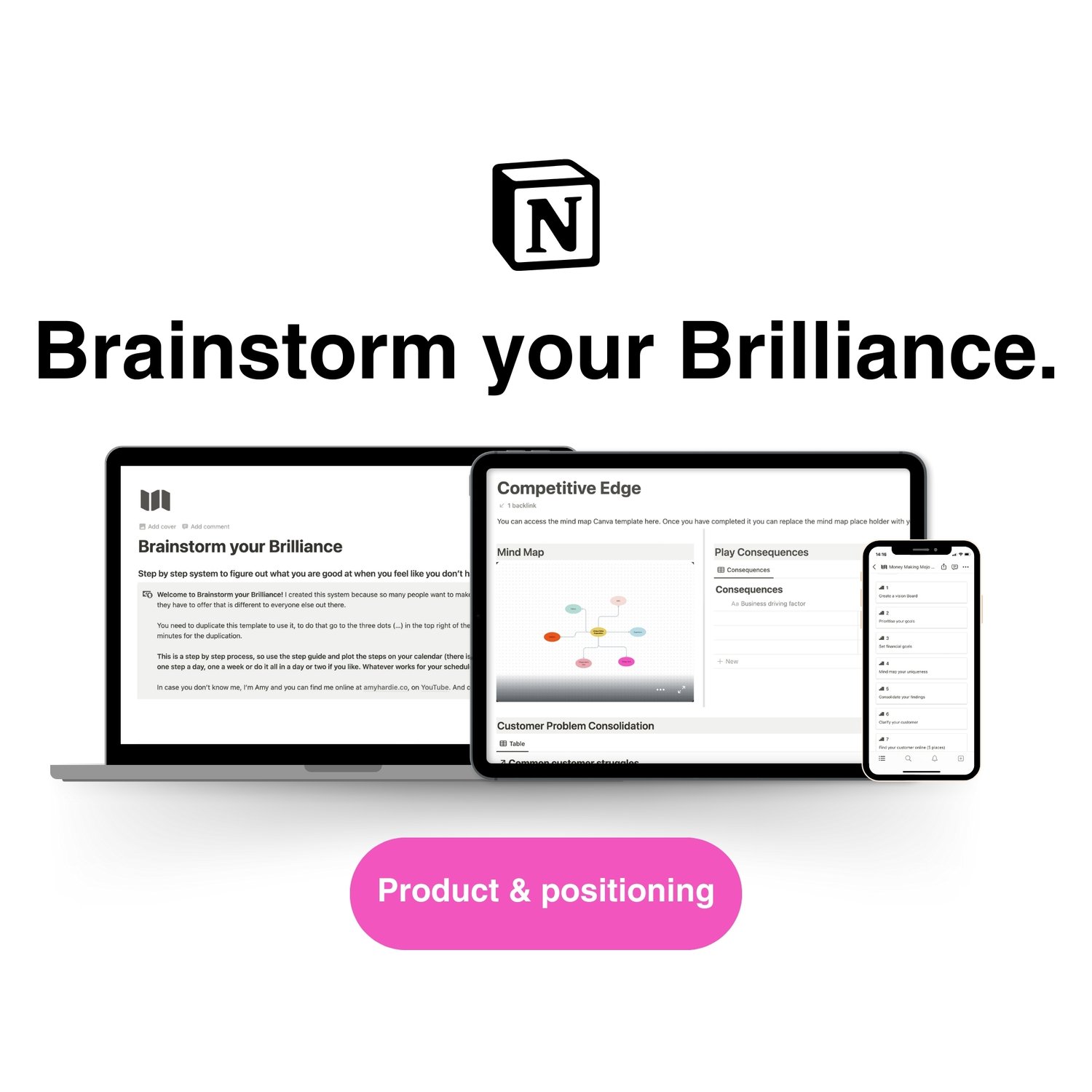 Graphic with Notion logo, text that says Brainstorm your Brilliance and a graphic of pages from the Notion course system on a laptop, tablet and phone.