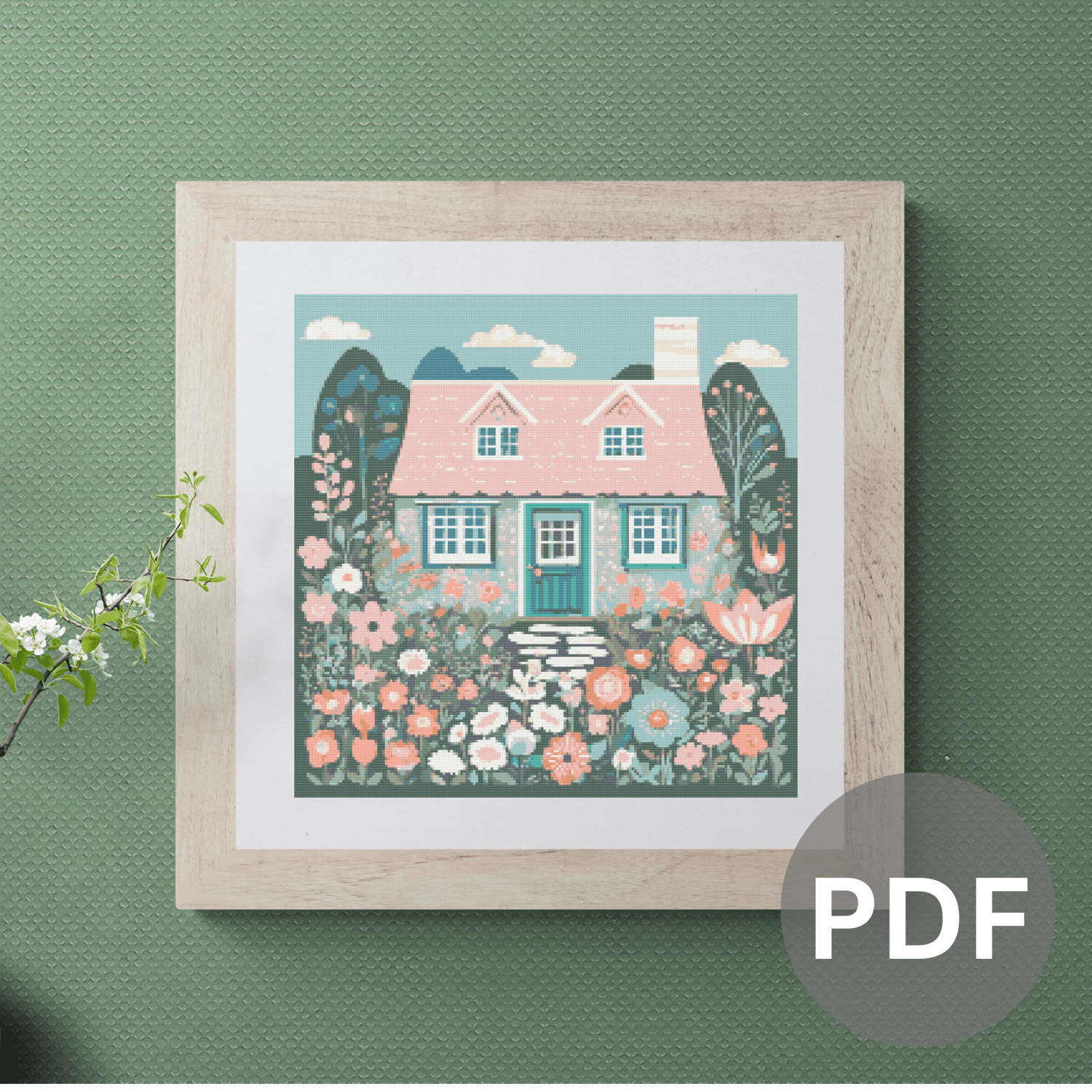 Cottage and Flowers Cross Stitch Pattern PDF Instant Digital Download