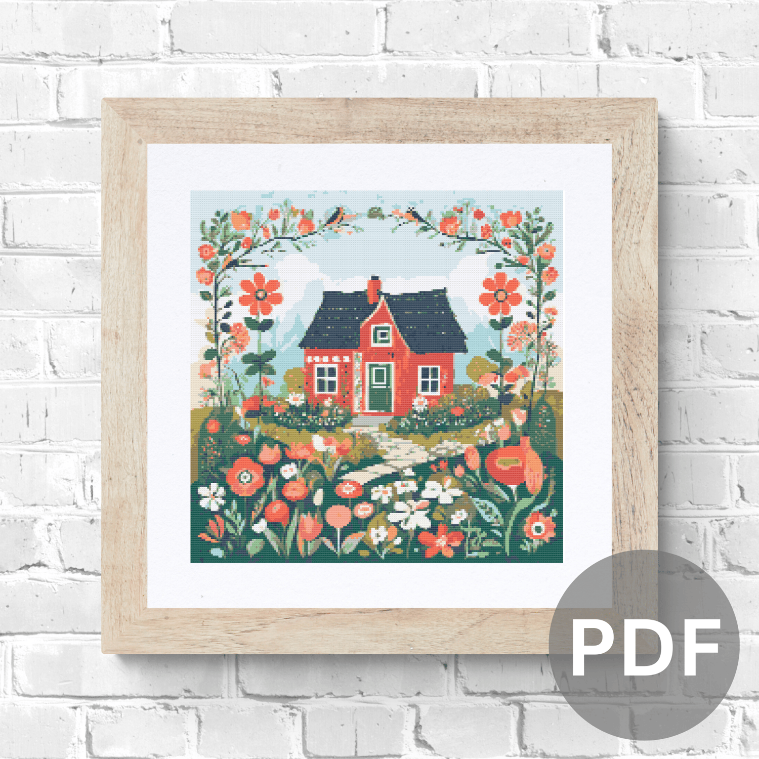 Cottage and Flowers Cross Stitch Pattern PDF Instant Digital Download