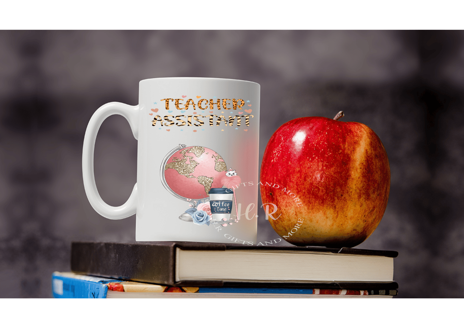 teacher assistant with world map and cup of coffee mug