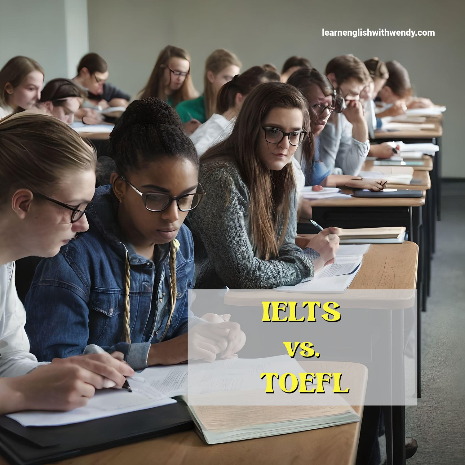 a group of students are attending an exam and turning their heads to one another. In the middle of the photo, there is the label IELTS vs. TOEFL