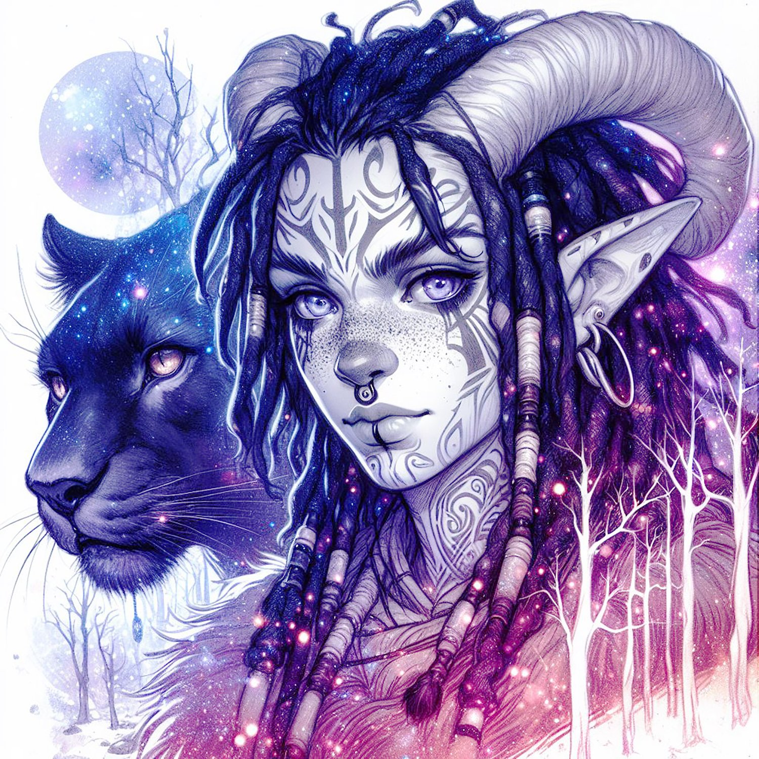 A young boy faun with a black panther in a red magical forest, faun, fauns, panthers