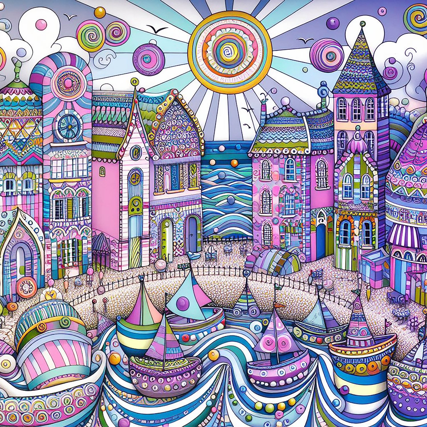 whimsical, whimsical worlds, houses, boats, seaside, pebbles, fantasy, wallpapers