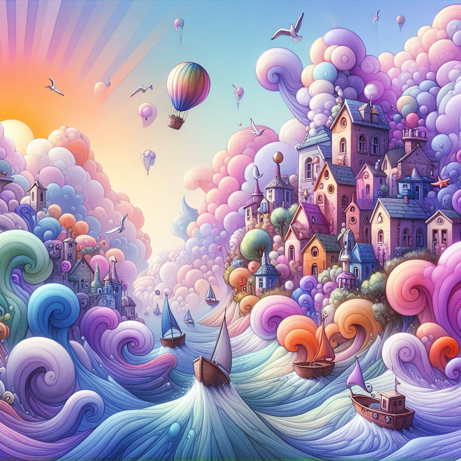 whimsical worlds, houses, boats, seaside, pebbles, fantasy, wallpapers