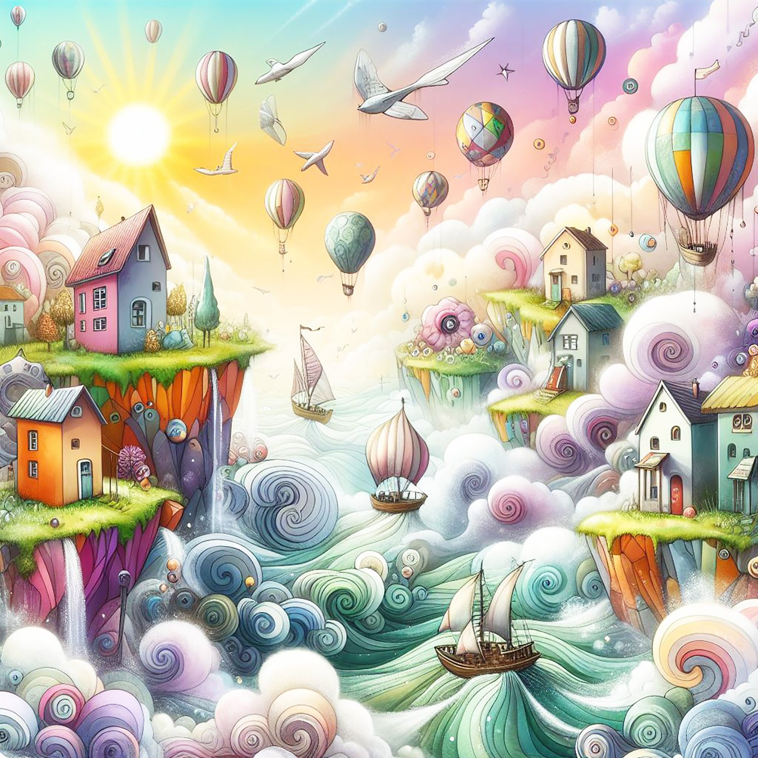 whimsical worlds, houses, boats, seaside, pebbles, fantasy, wallpapers