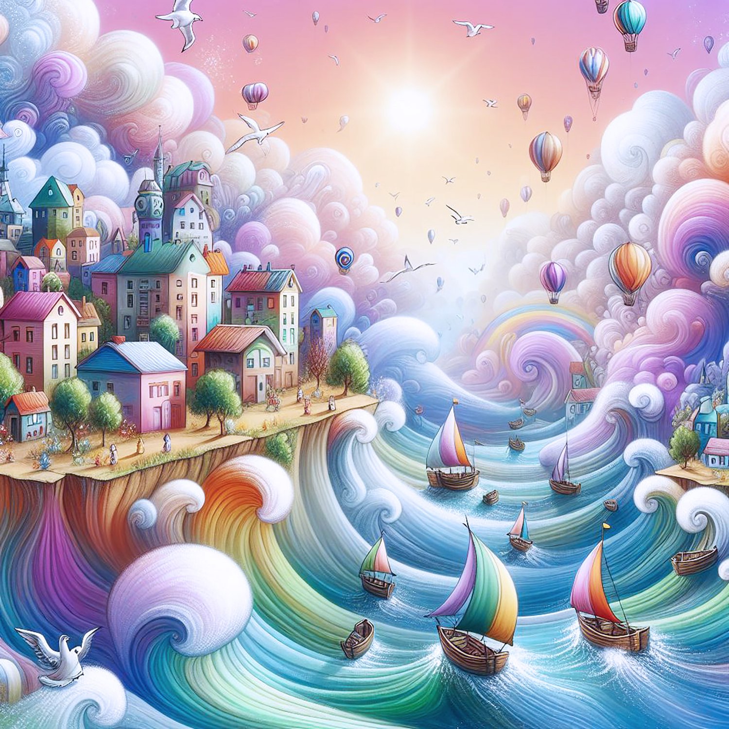 whimsical worlds, houses, boats, seaside, pebbles, fantasy, wallpapers