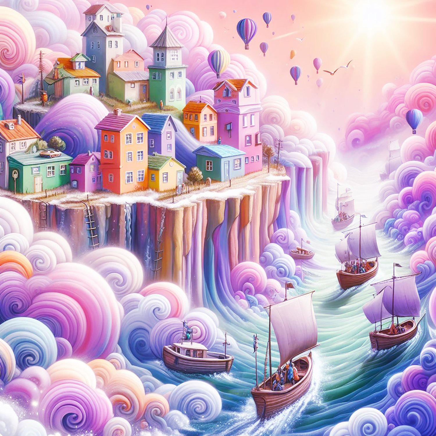 whimsical worlds, houses, boats, seaside, pebbles, fantasy, wallpapers