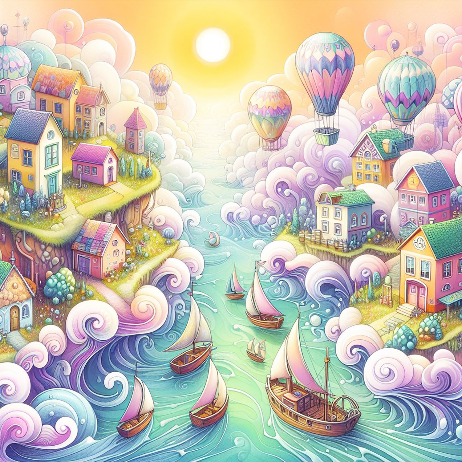 whimsical worlds, houses, boats, seaside, pebbles, fantasy, wallpapers