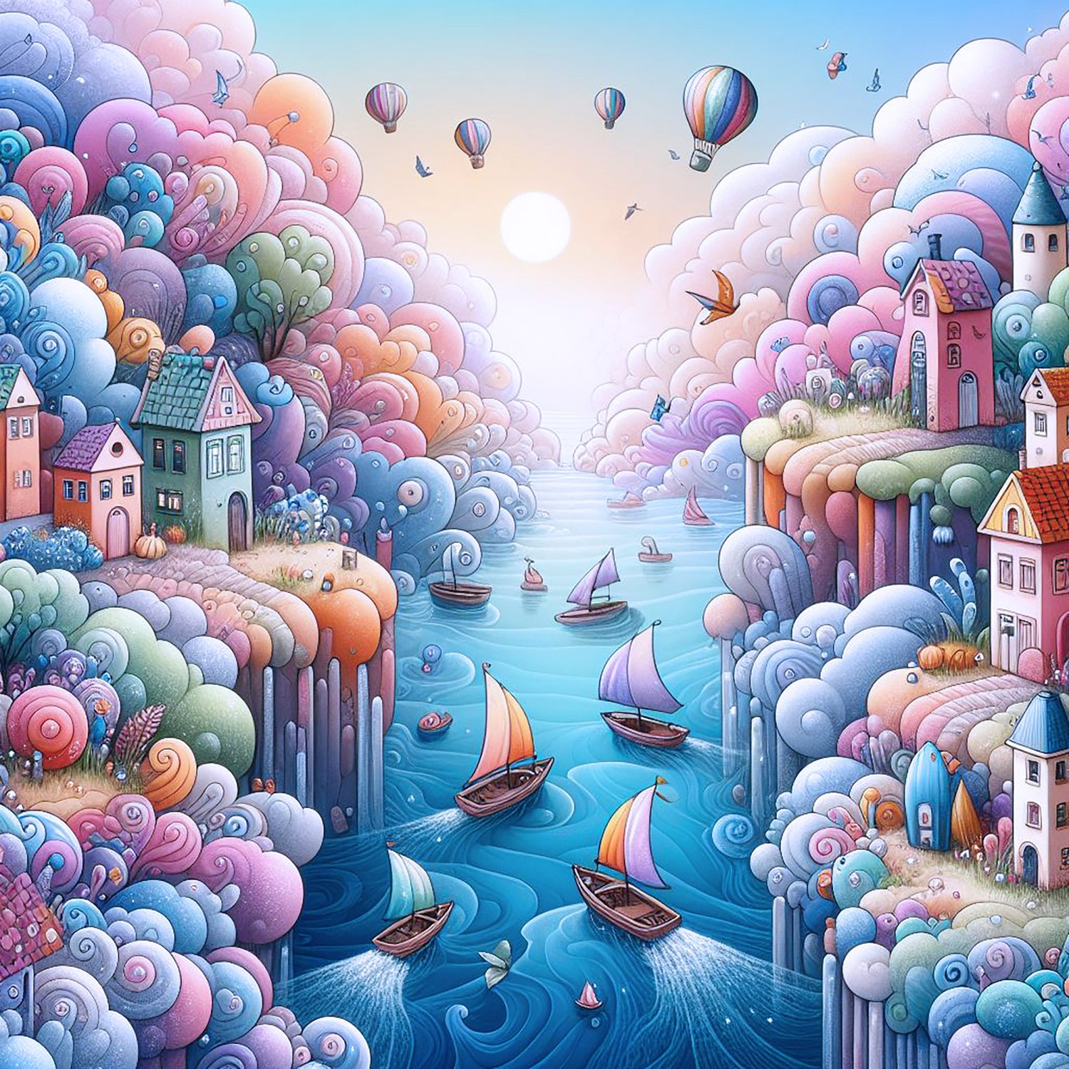 whimsical worlds, houses, boats, seaside, pebbles, fantasy, wallpapers