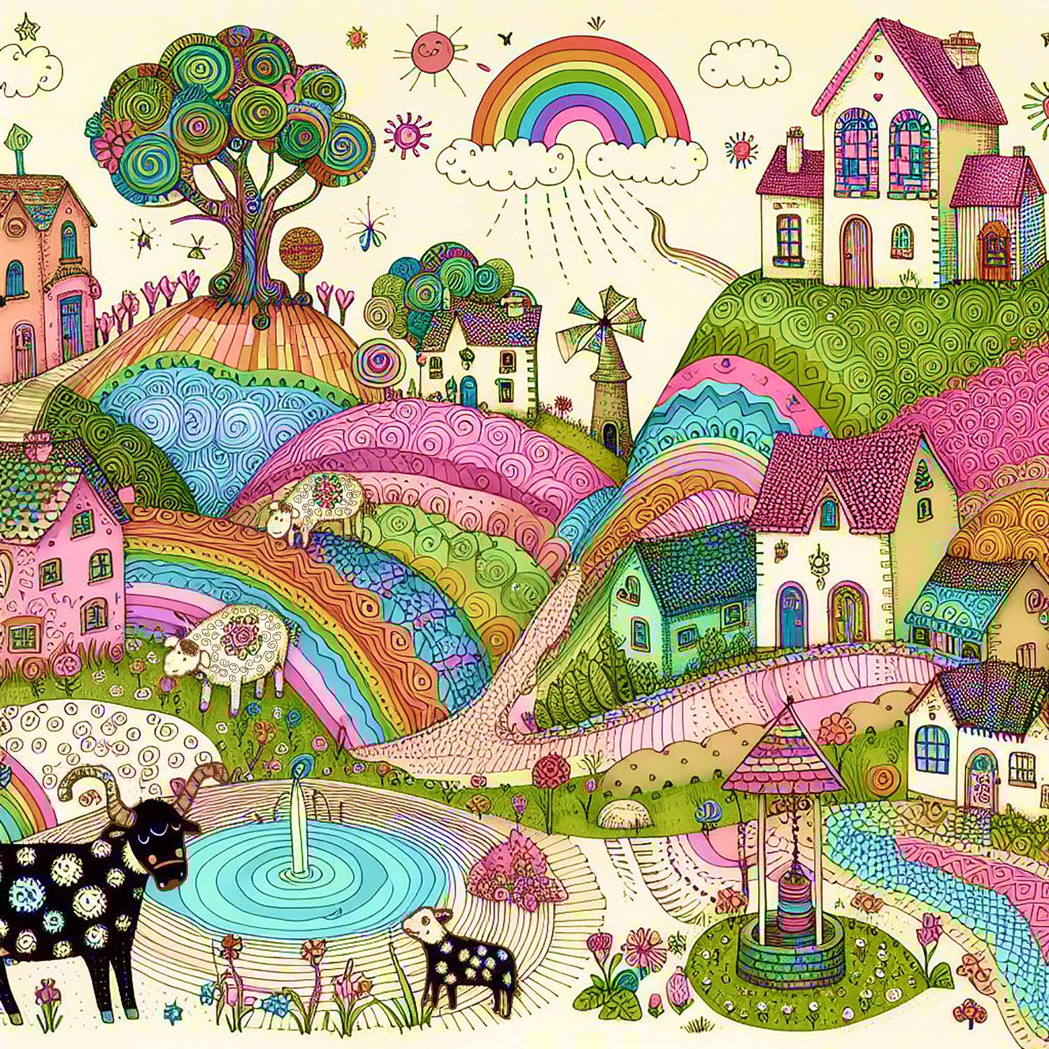 whimsical worlds, whimsical, farms, farmhouse, houses,animals, cows, sheep, windmills, ponds, trees, fantasy, wallpapers,