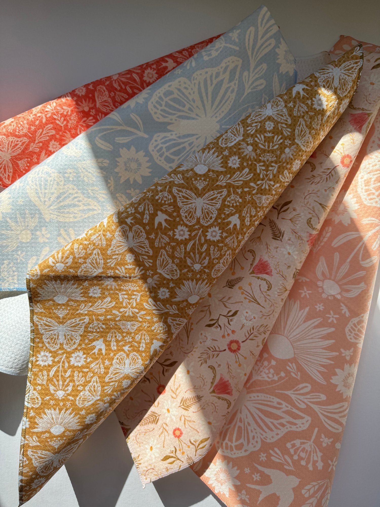 Collection of Mariposa Motif Whimsical and Refined Tea Towels | Butterfly, Birds, Flowers, and Bee Pattern by Joymark Studio