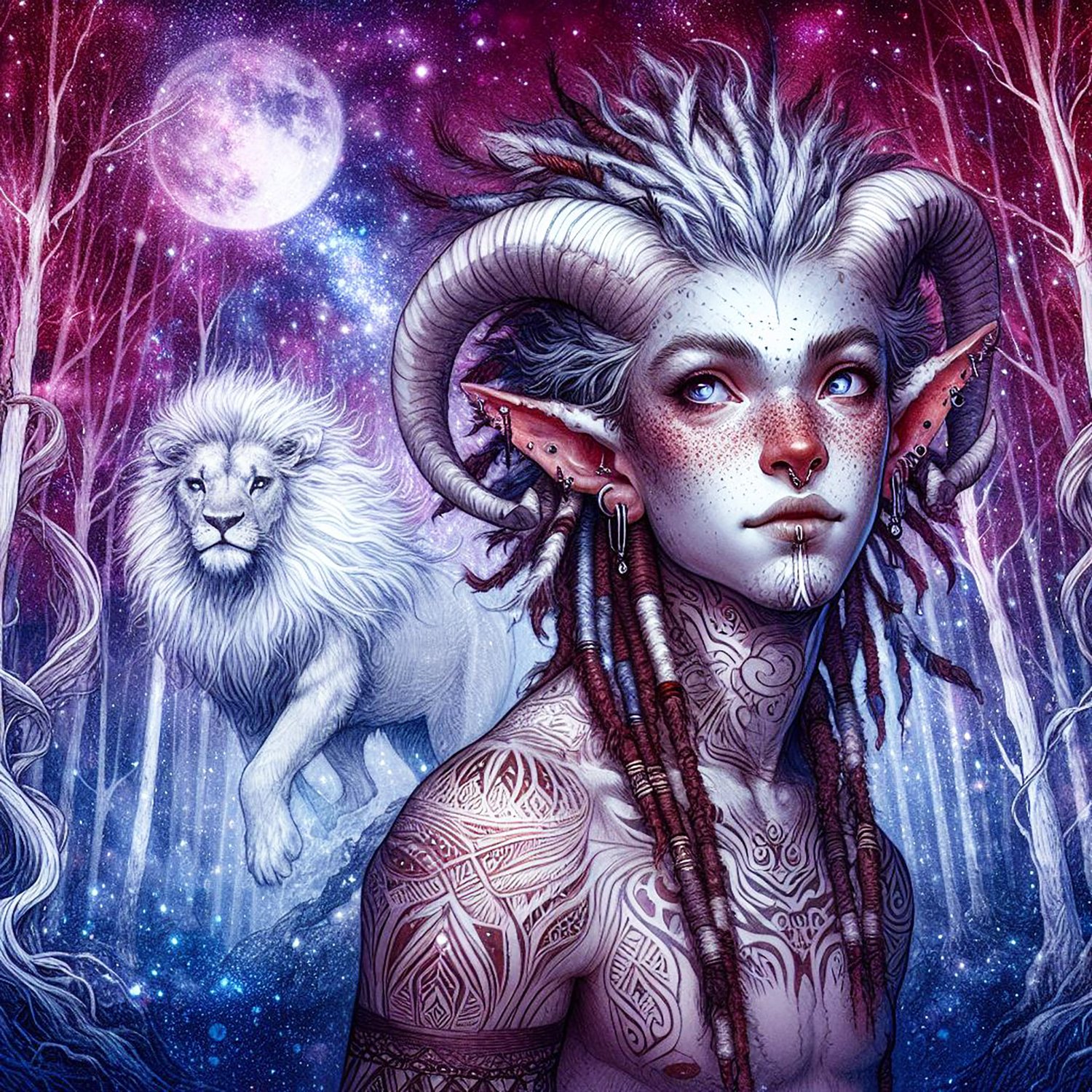 Faun, Fauns, Elf, elves, nymphs, ethereal, folklore, fantasy, wallpapers, lion, white lion, red forest, trees, forest