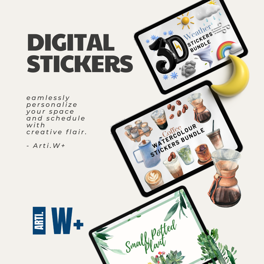 The image presents a collection of digital stickers, ideal for adding a personal touch to digital spaces. Themes include 3D weather icons, coffee watercolor designs, and small potted plants, perfect for enhancing the visual appeal of planners and notes. T