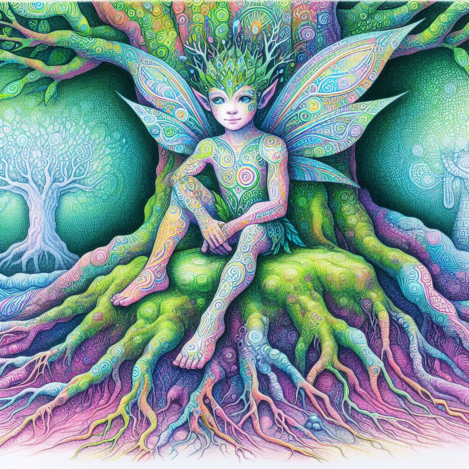 A colourful boy tree nymph with delicate wings beside a curly living patterned tree in a magical forest.
