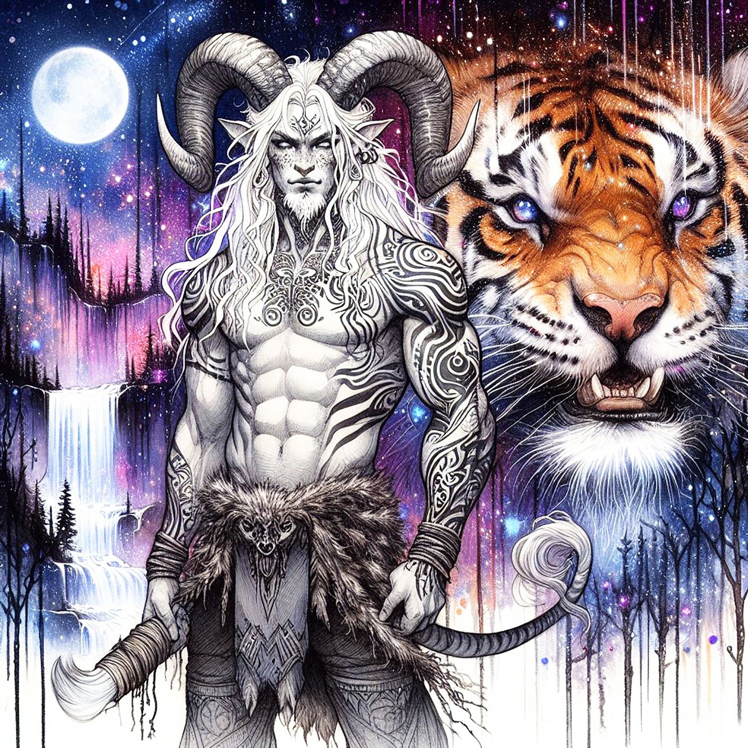 A muscular male Faun with white skin with long horns, a warrior with blonde dreadlocks & freckles. He has tribal tattoos.. there are mountains behind him & black trees. He is with a huge oversized tiger with long fangs. The background is full of sparkly e