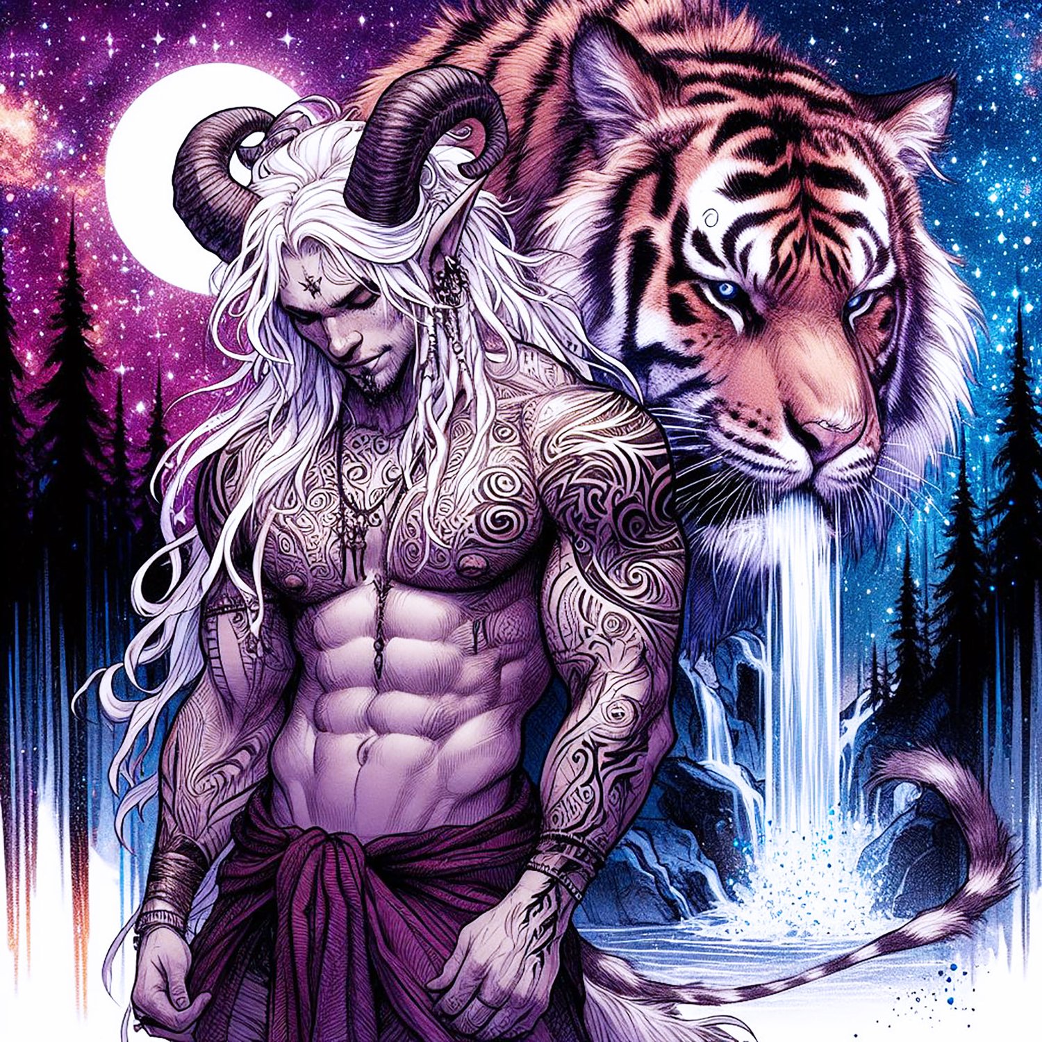 A muscular male Faun with white skin with long horns, a warrior with blonde dreadlocks & freckles. He has tribal tattoos.. there are mountains behind him & black trees. He is with a huge oversized tiger with long fangs. The background is full of sparkly e