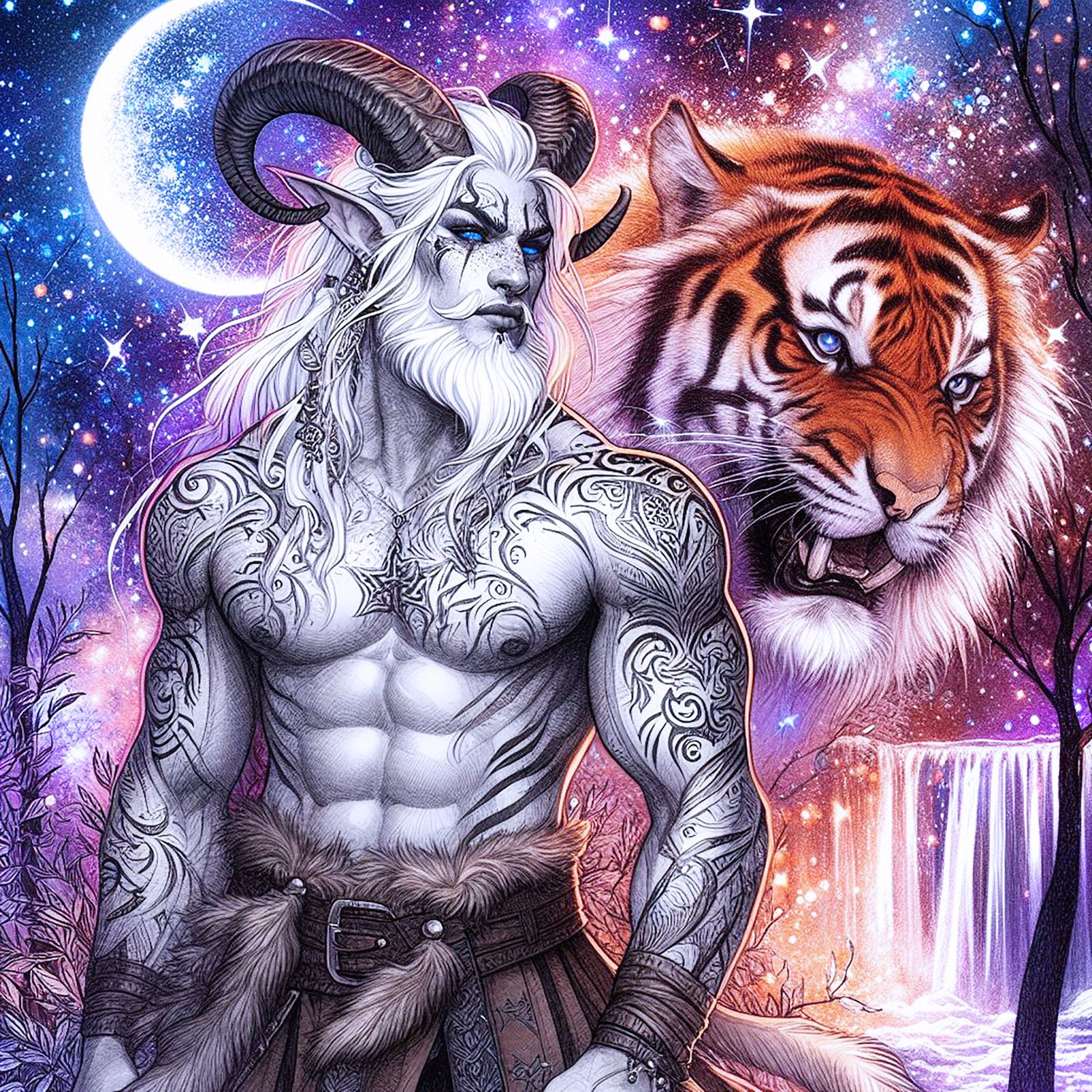A muscular male Faun with white skin with long horns, a warrior with blonde dreadlocks & freckles. He has tribal tattoos.. there are mountains behind him & black trees. He is with a huge oversized tiger with long fangs. The background is full of sparkly e
