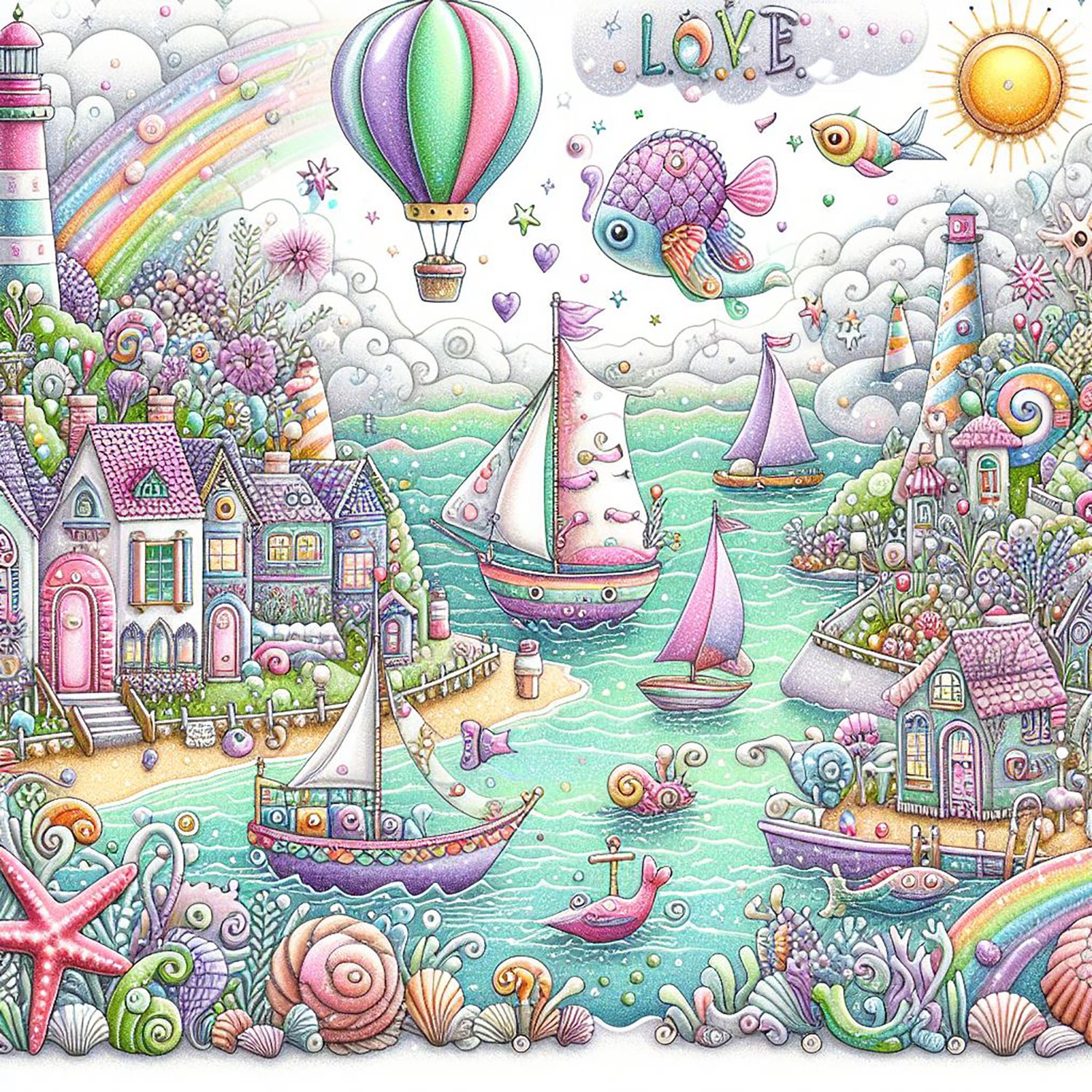 A whimsical world. a seaside village of quirky houses which are made of seashells, looking across at a harbour of whimsical boats riding on waves which reach up to the clouds. There is a hot air balloon in the sky. There is a pink lighthouse Fish leap hig