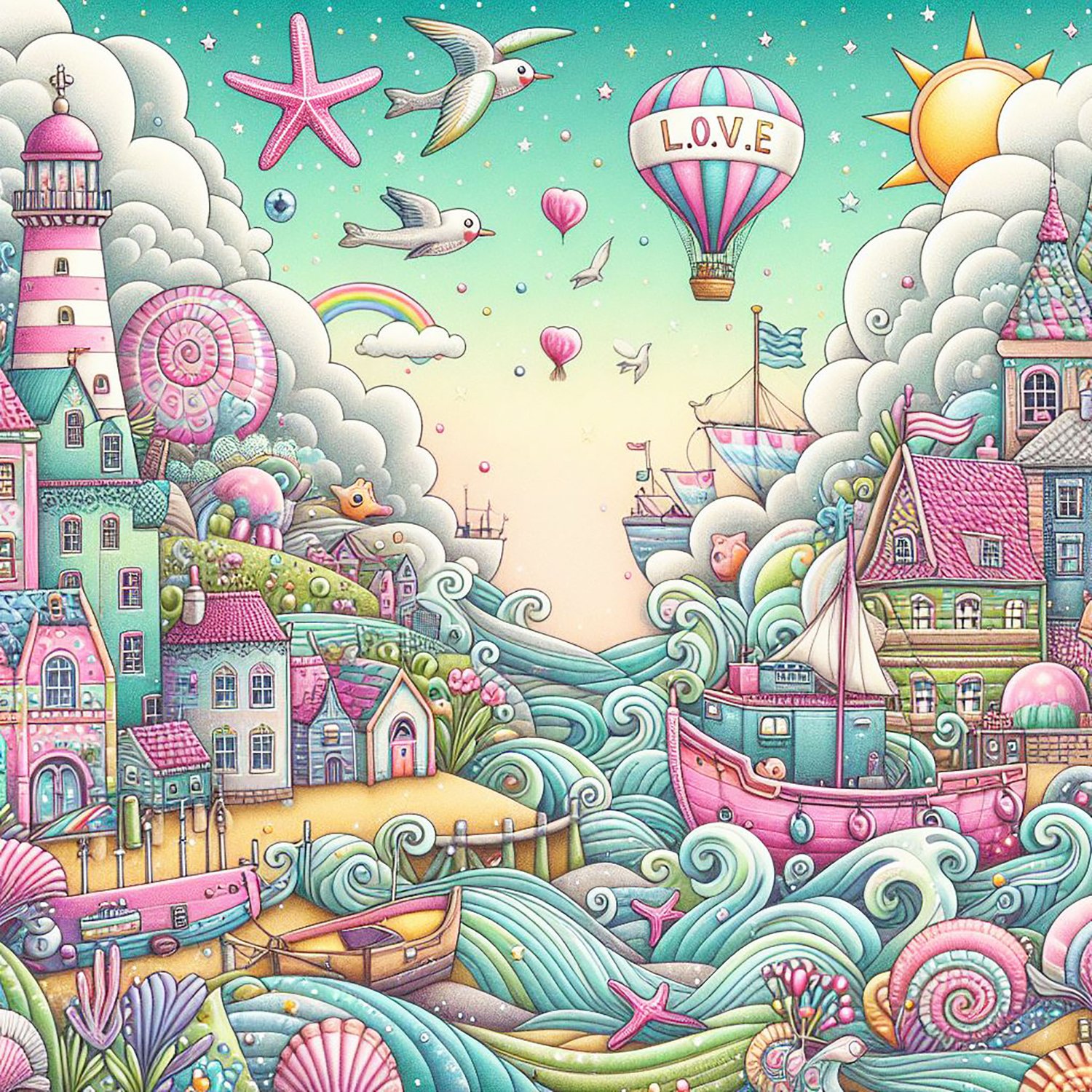 A whimsical world. a seaside village of quirky houses which are made of seashells, looking across at a harbour of whimsical boats riding on waves which reach up to the clouds. There is a hot air balloon in the sky. There is a pink lighthouse Fish leap hig
