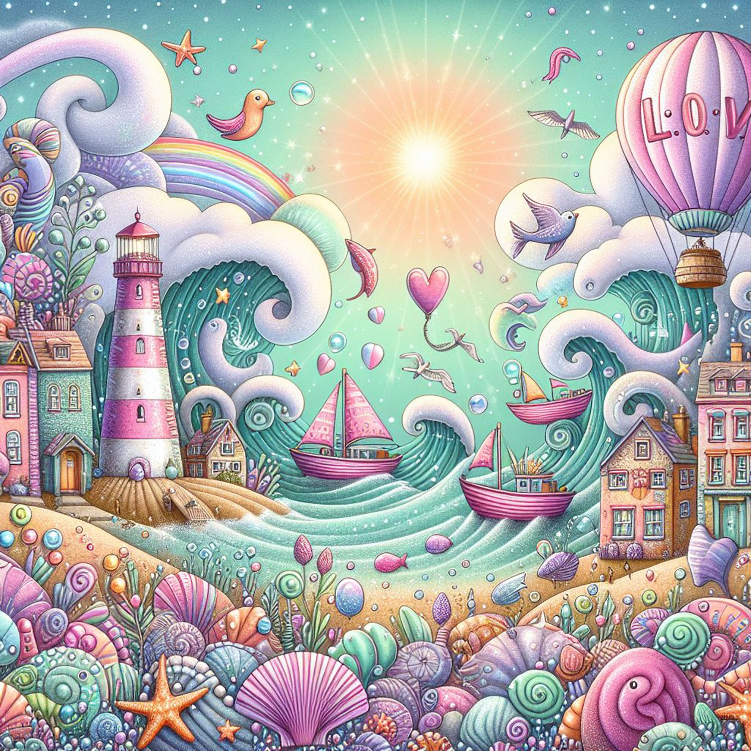 A whimsical world. a seaside village of quirky houses which are made of seashells, looking across at a harbour of whimsical boats riding on waves which reach up to the clouds. There is a hot air balloon in the sky. There is a pink lighthouse Fish leap hig
