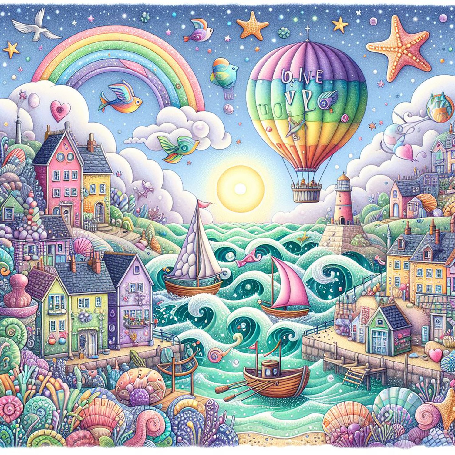 A whimsical world. a seaside village of quirky houses which are made of seashells, looking across at a harbour of whimsical boats riding on waves which reach up to the clouds. There is a hot air balloon in the sky. There is a pink lighthouse Fish leap hig