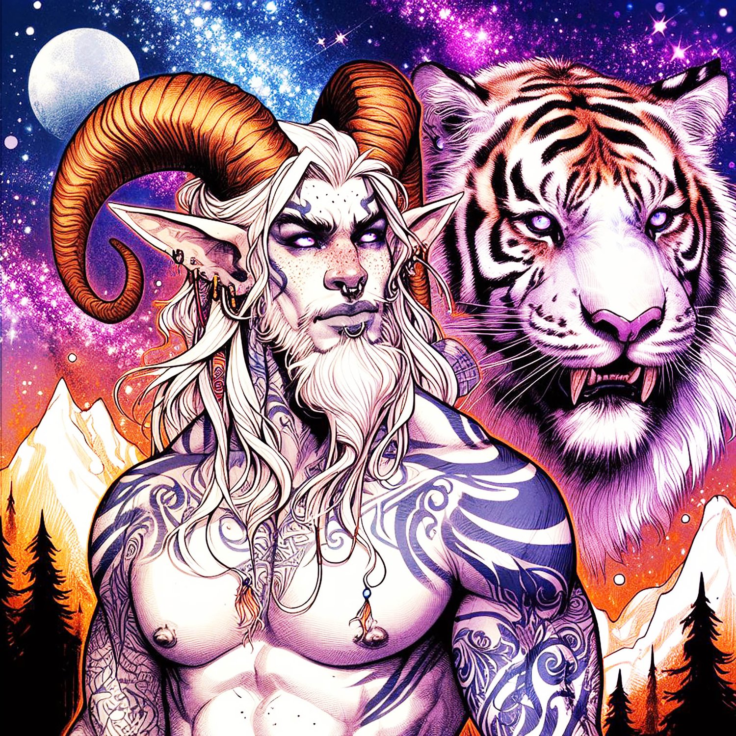 A muscular male Faun with white skin with long horns, a warrior with blonde dreadlocks & freckles. He has tribal tattoos.. there are mountains behind him & black trees. He is with a huge oversized tiger, sabre tooth. The background is full of sparkly elec