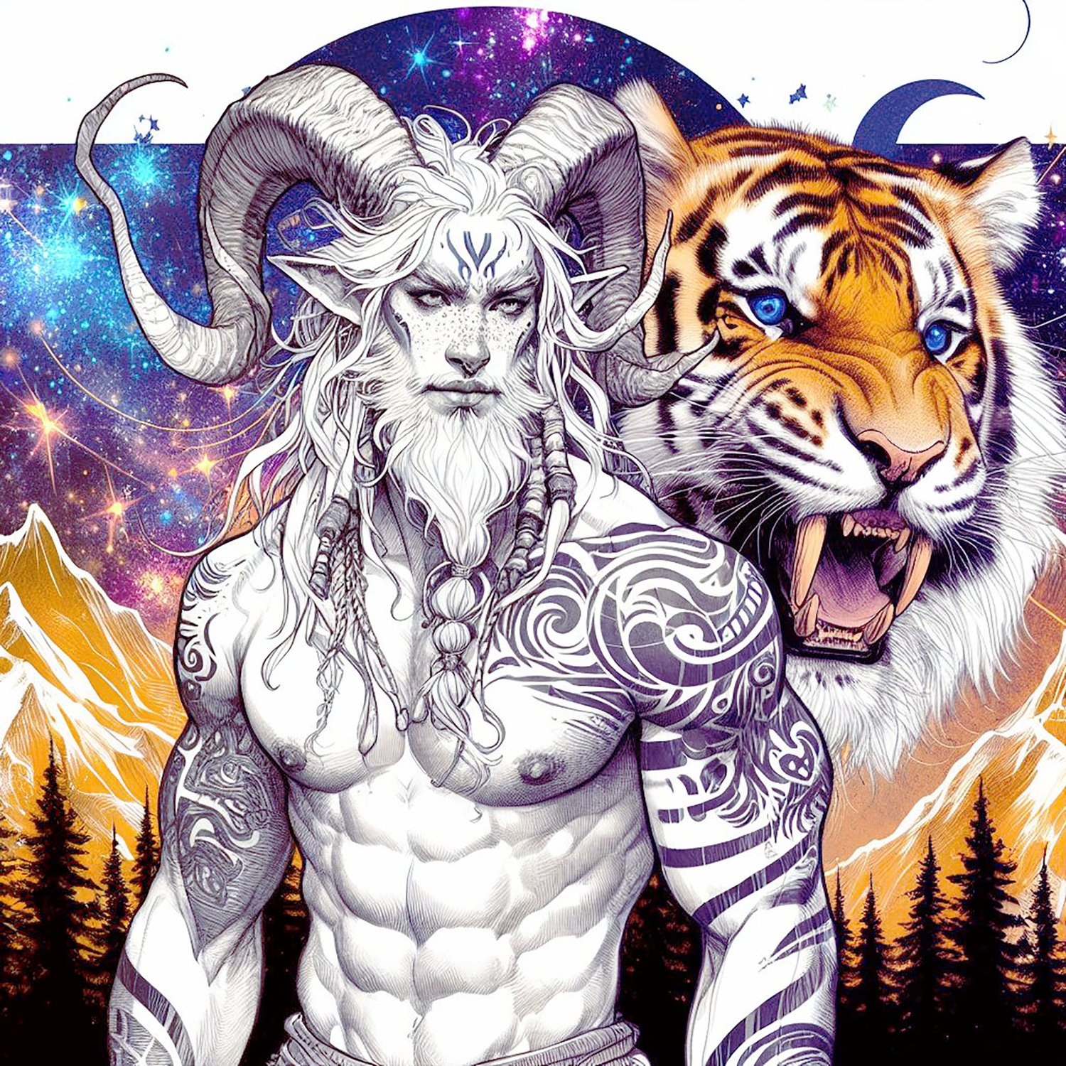 A muscular male Faun with white skin with long horns, a warrior with blonde dreadlocks & freckles. He has tribal tattoos.. there are mountains behind him & black trees. He is with a huge oversized tiger, sabre tooth. The background is full of sparkly elec