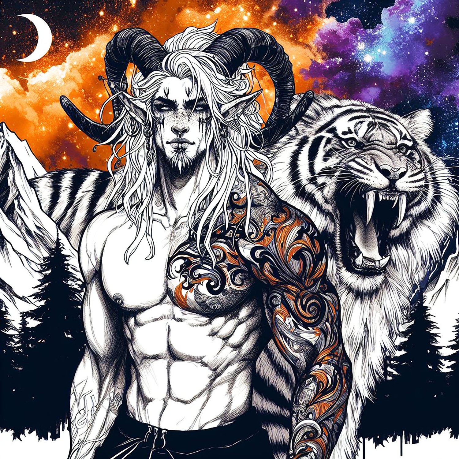 A muscular male Faun with white skin with long horns, a warrior with blonde dreadlocks & freckles. He has tribal tattoos.. there are mountains behind him & black trees. He is with a huge oversized tiger, sabre tooth. The background is full of sparkly elec