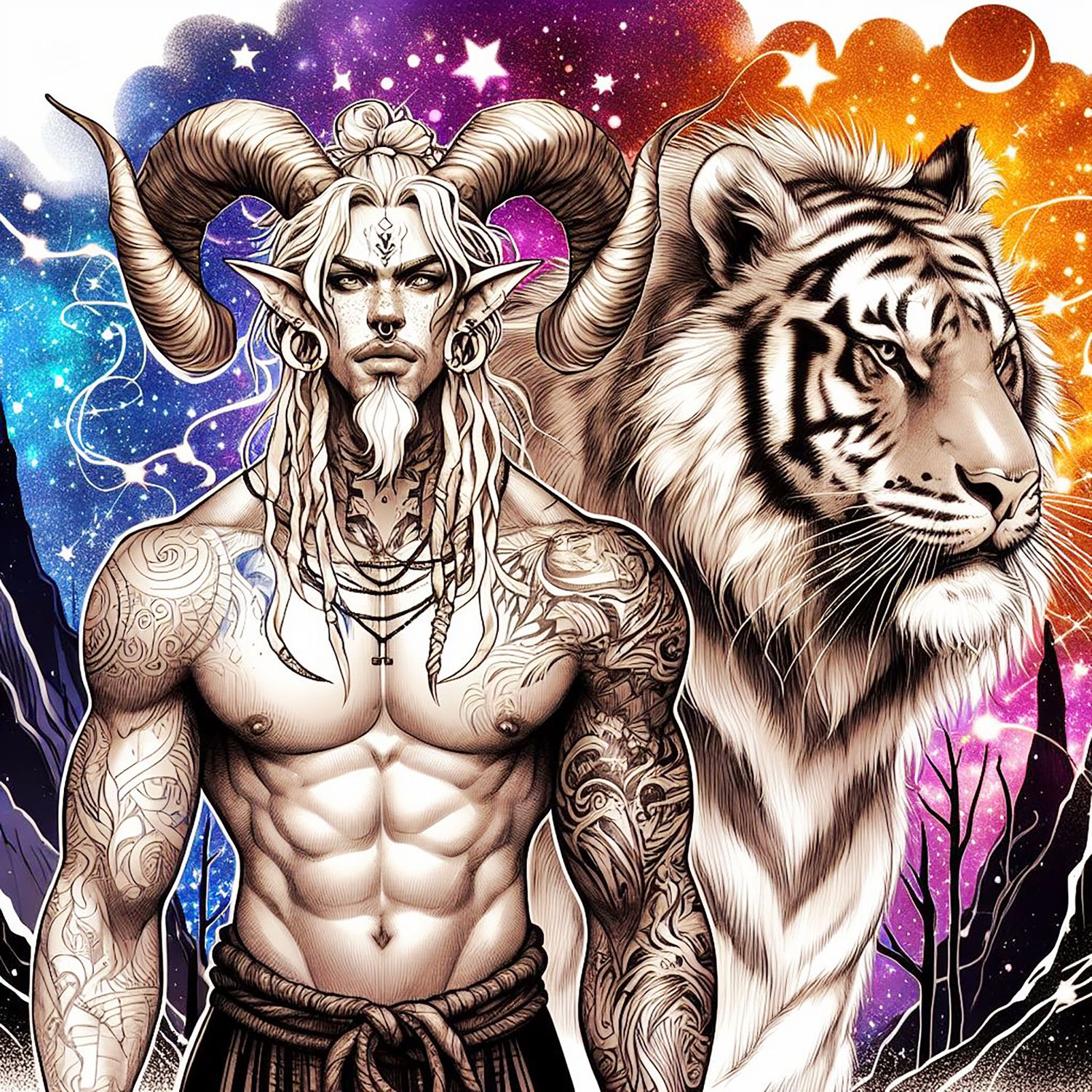 A muscular male Faun with white skin with long horns, a warrior with blonde dreadlocks & freckles. He has tribal tattoos.. there are mountains behind him & black trees. He is with a huge oversized tiger, sabre tooth. The background is full of sparkly elec