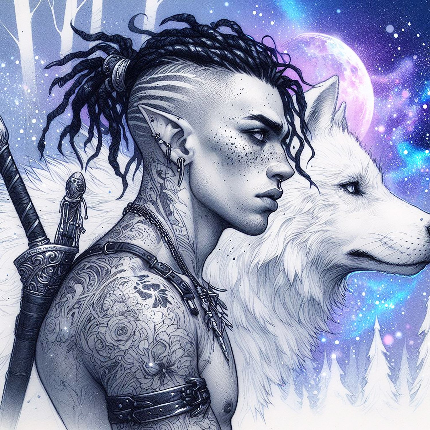 A young Elf boy with dreadlocks, part shaved hair & tribal tattoos. He is with his wild white wolf in a misty purple forest with white trees. There is a full glowing purple moon.