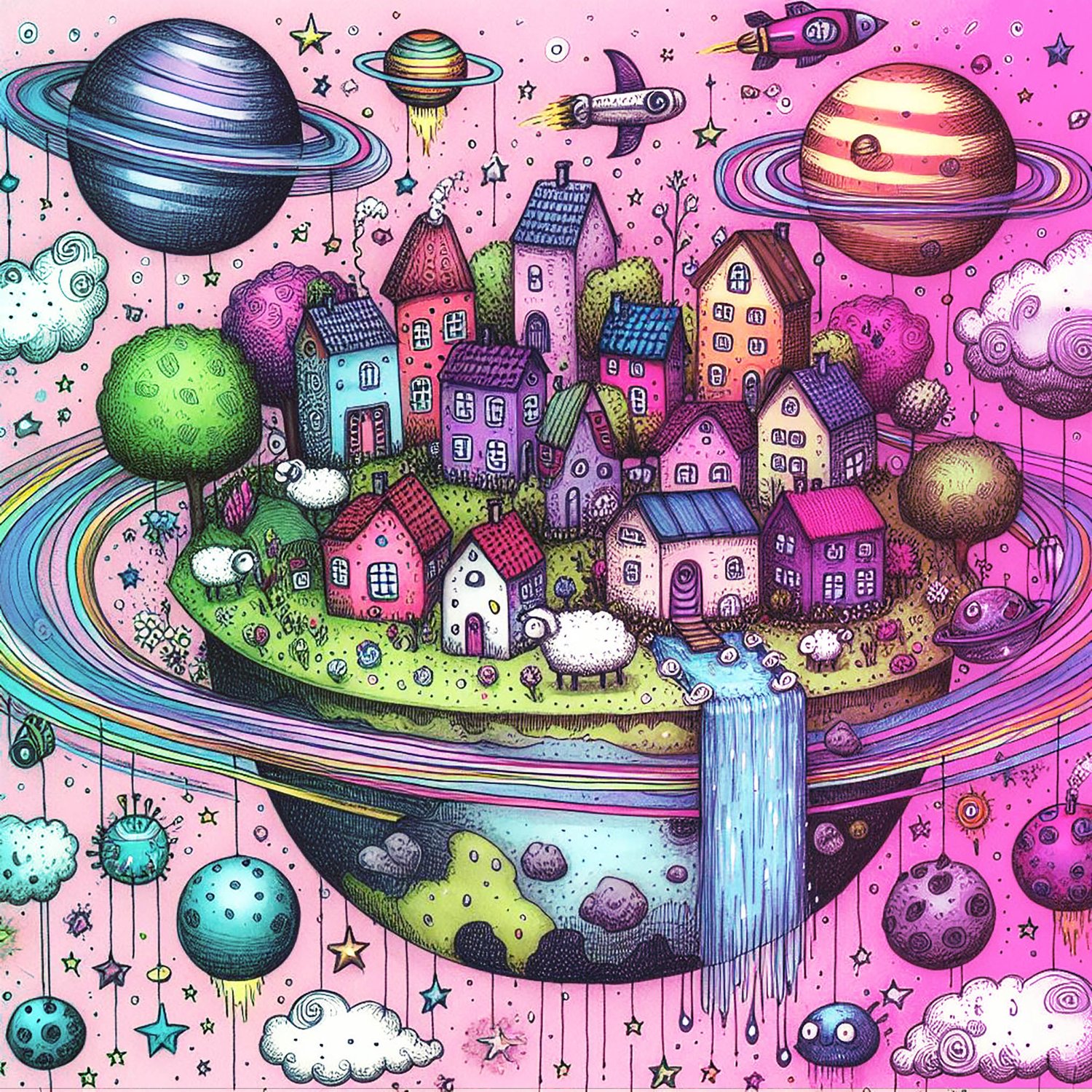 A whimsical world of houses in space. Houses huddled together on a spinning half a sphere with its own Saturn rings & is nearby to other planets. Deep magenta colours & plenty of stars.