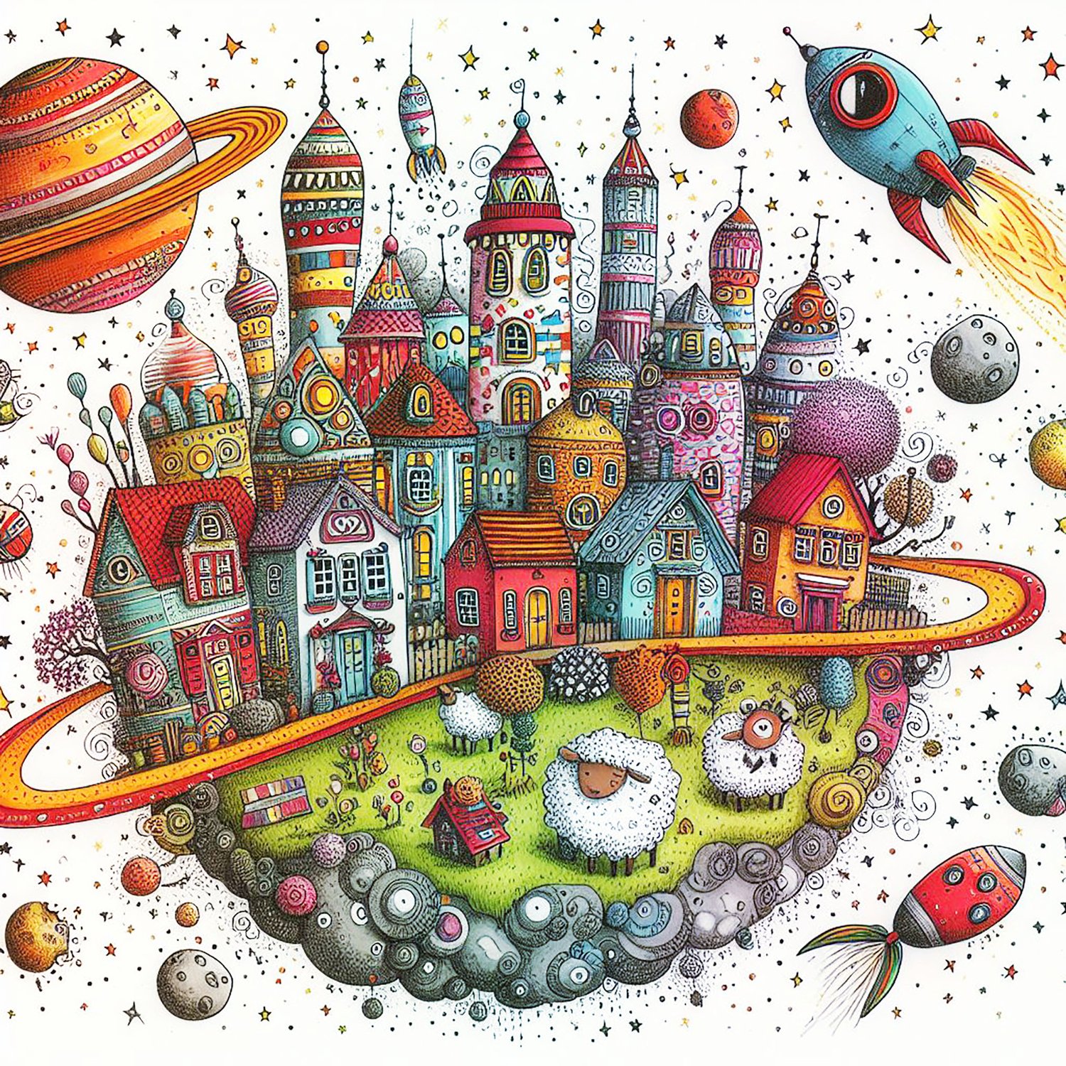 A whimsical world of houses in space. Houses huddled together on a spinning half a sphere with its own Saturn rings & is nearby to other planets. There are even sheep in outer space! Plenty of asteroids to avoid up there too. Deep magenta colours & plenty