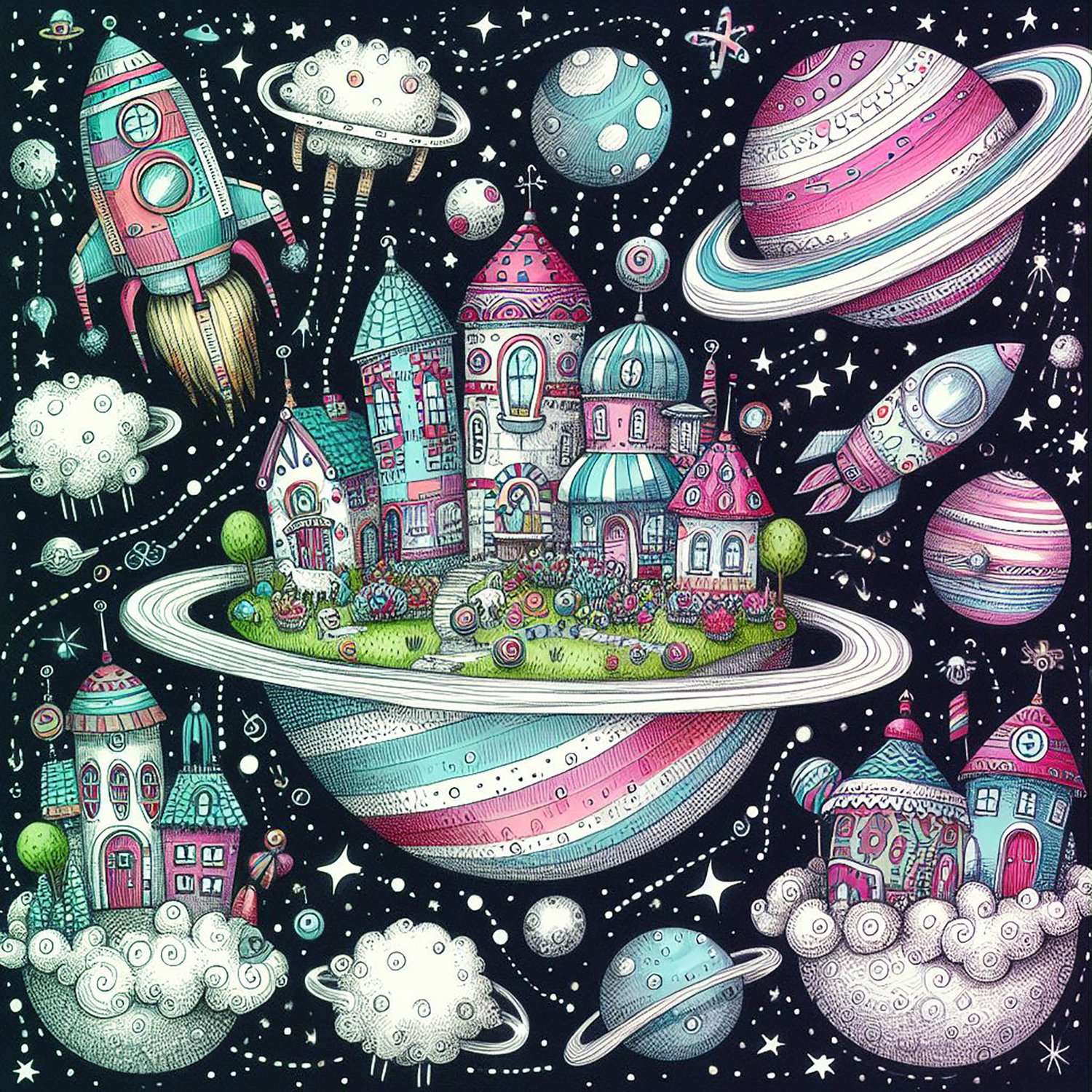 A whimsical world of houses in space. Houses huddled together on a spinning half a sphere with its own Saturn rings & is nearby to other planets. Not forgetting the rockets! Deep magenta colours & plenty of stars
