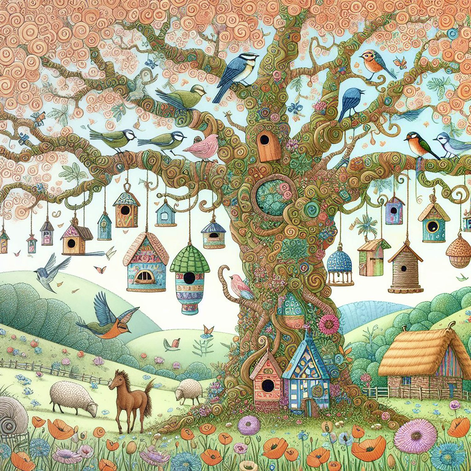 A whimsical world. A huge curly oak tree with long branches & pink leaves. It has beautiful, green & blue brightly patterned bird houses hanging from the branches & there is a beehive. blue tits, robins A woodpecker & an owl & a horse. It is in a big fiel