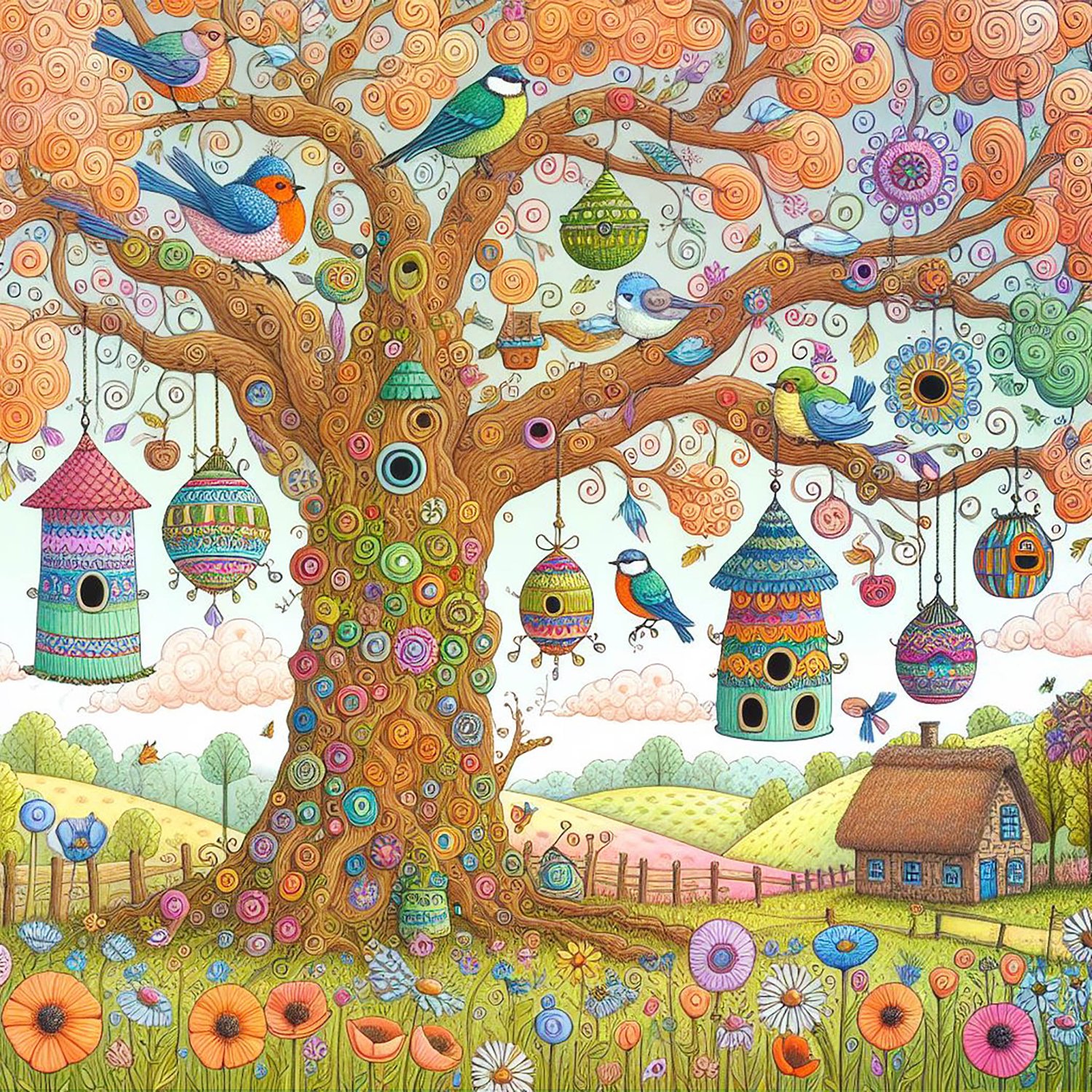 A whimsical world. A huge curly oak tree with long branches & pink leaves. It has beautiful, green & blue brightly patterned bird houses hanging from the branches & there is a beehive. blue tits, robins A woodpecker & an owl & a horse. It is in a big fiel