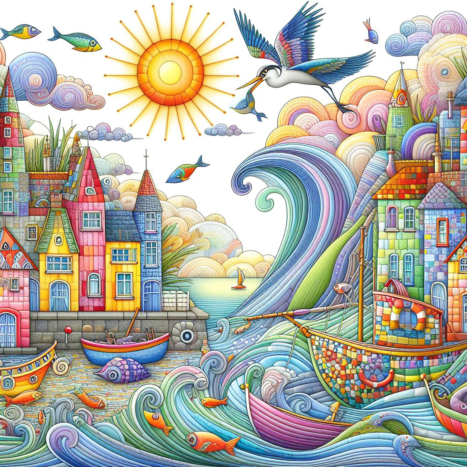 A whimsical world. a seaside village of quirky houses made of mosaics, looking across at a harbour of whimsical boats riding on waves which reach up to the clouds. Fish leap high out of the water, and a heron scoops a fish into its mouth. a bright sun, &