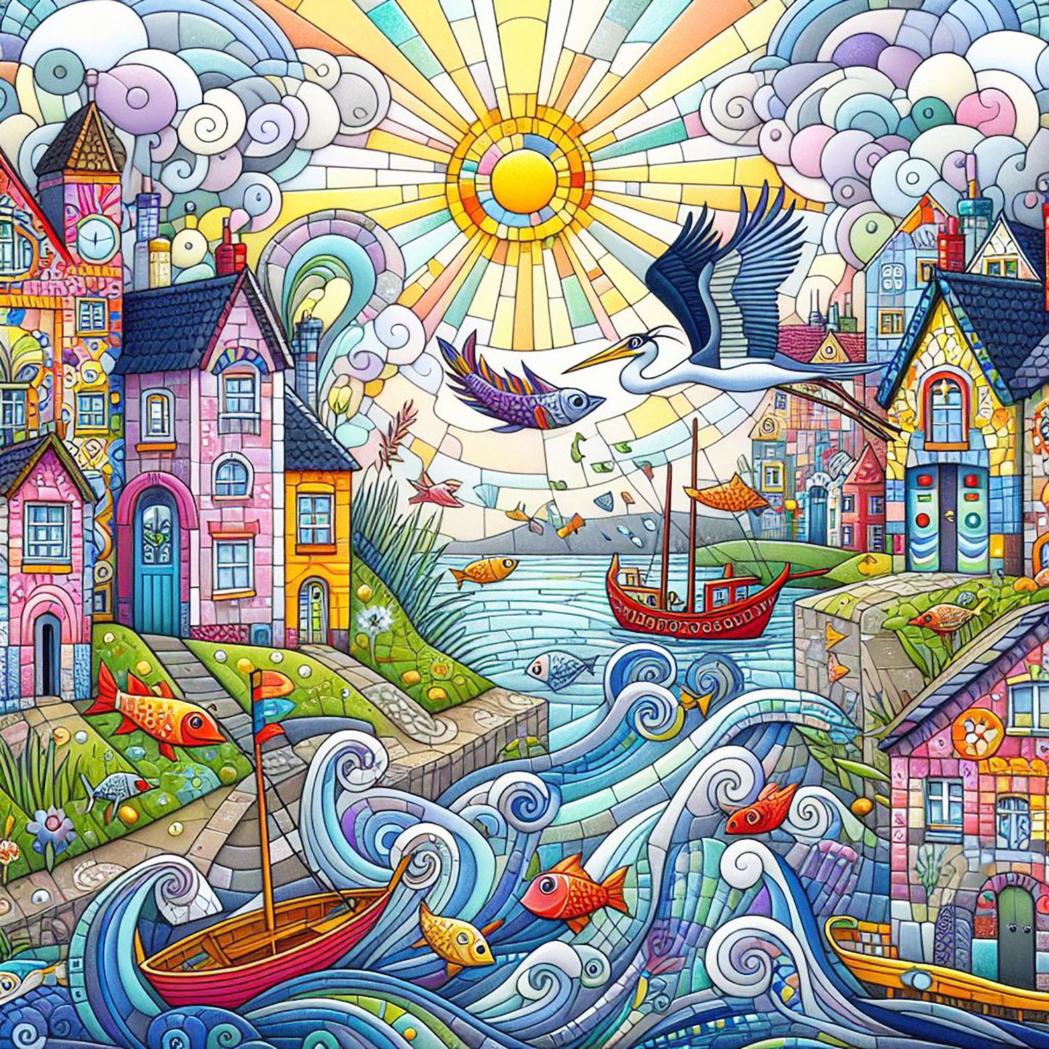 A whimsical world. a seaside village of quirky houses made of mosaics, looking across at a harbour of whimsical boats riding on waves which reach up to the clouds. Fish leap high out of the water, and a heron scoops a fish into its mouth. a bright sun, &