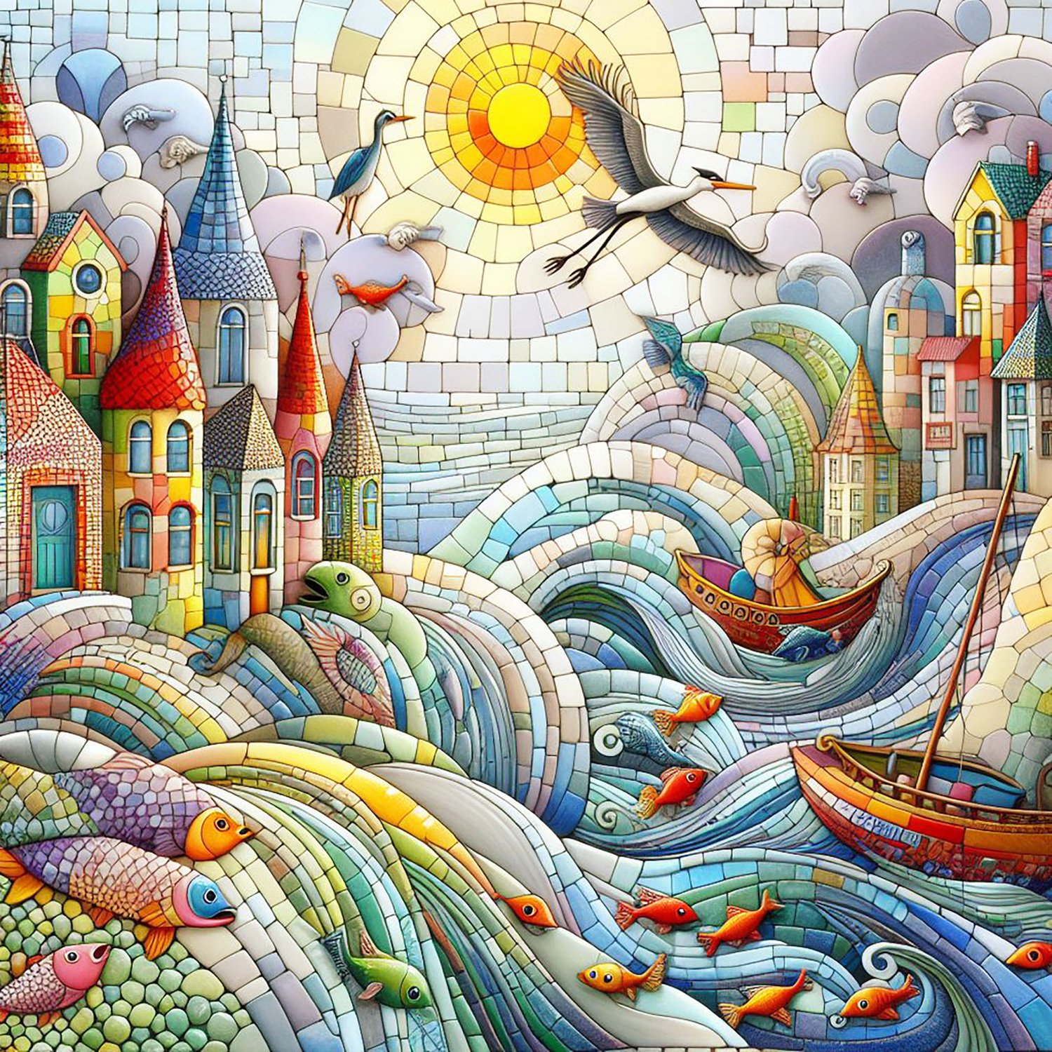 A whimsical world. a seaside village of quirky houses made of mosaics, looking across at a harbour of whimsical boats riding on waves which reach up to the clouds. Fish leap high out of the water, and a heron scoops a fish into its mouth. a bright sun, &