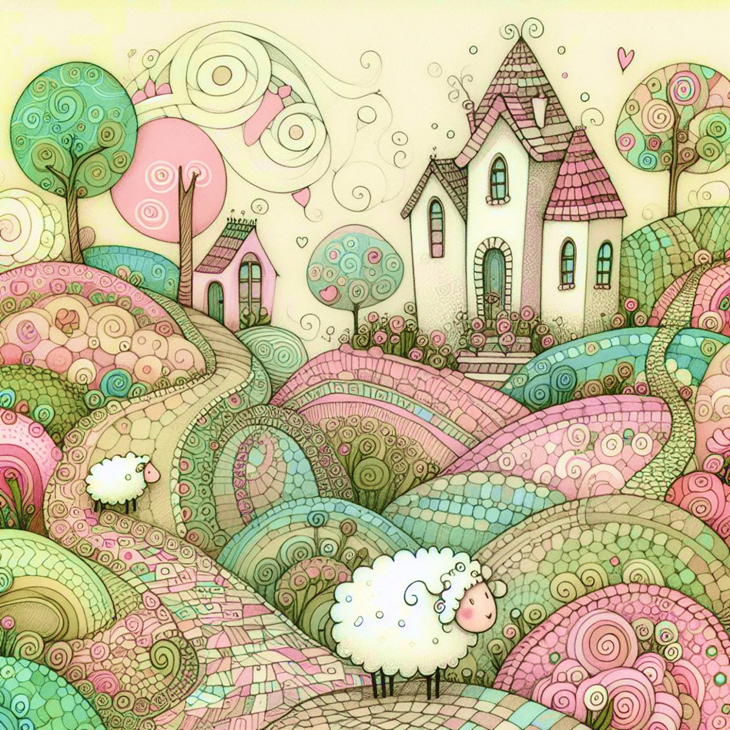 A whimsical world of quaint houses on patterned hills with lots of curly sheep. Pastel colours.