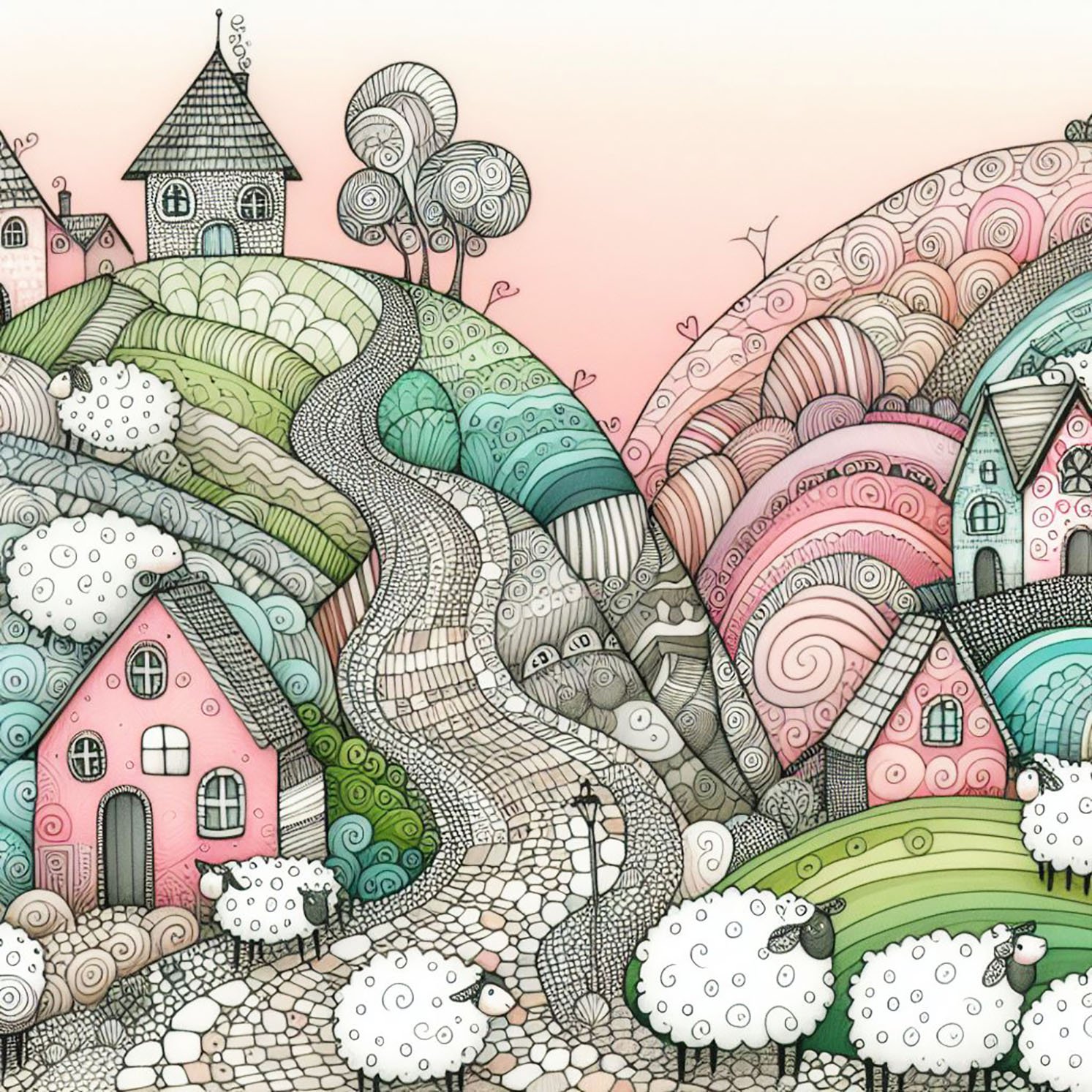 A whimsical world of quaint houses on patterned hills with lots of curly sheep. Pastel colours.
