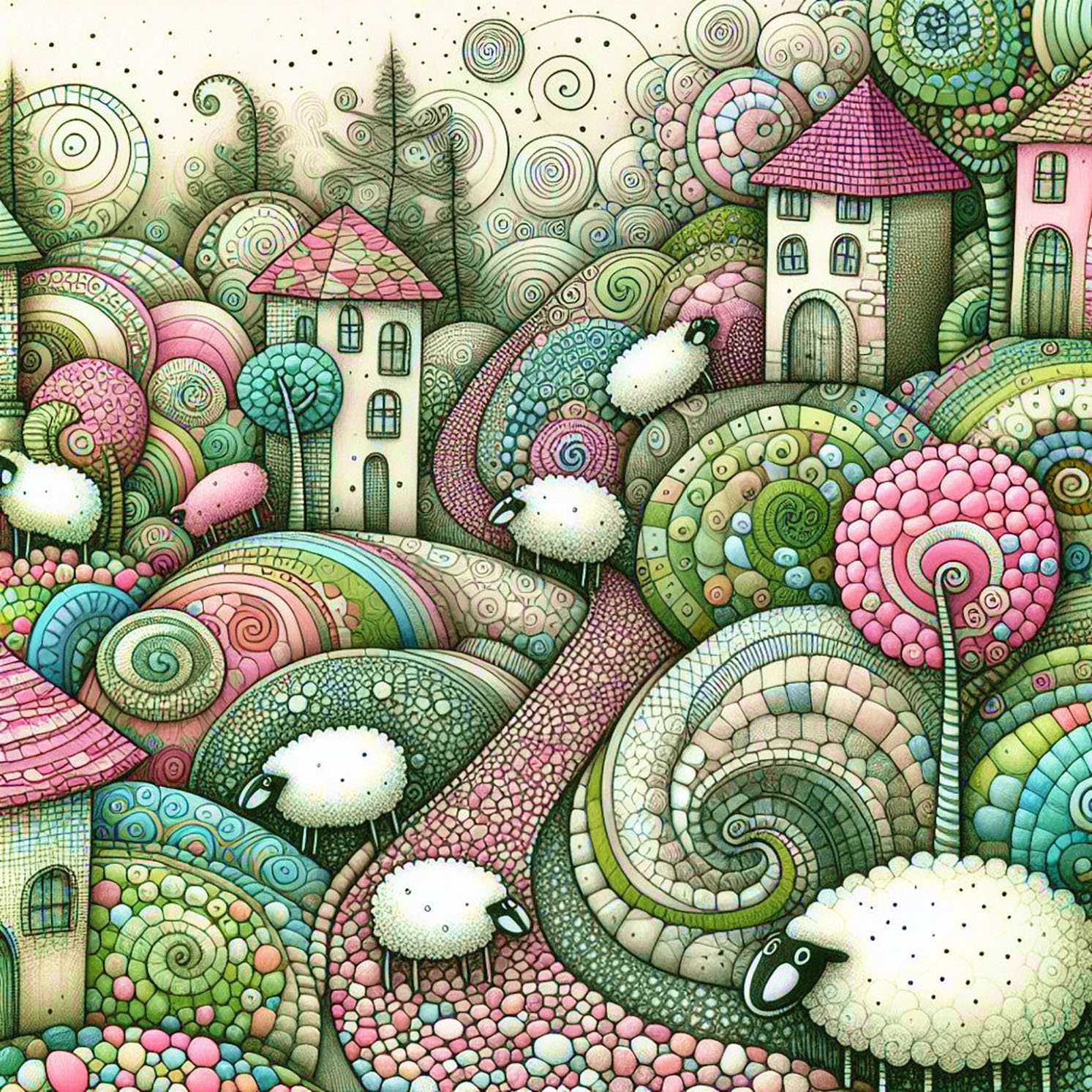 A whimsical world of quaint houses on patterned hills with lots of curly sheep. Pastel colours