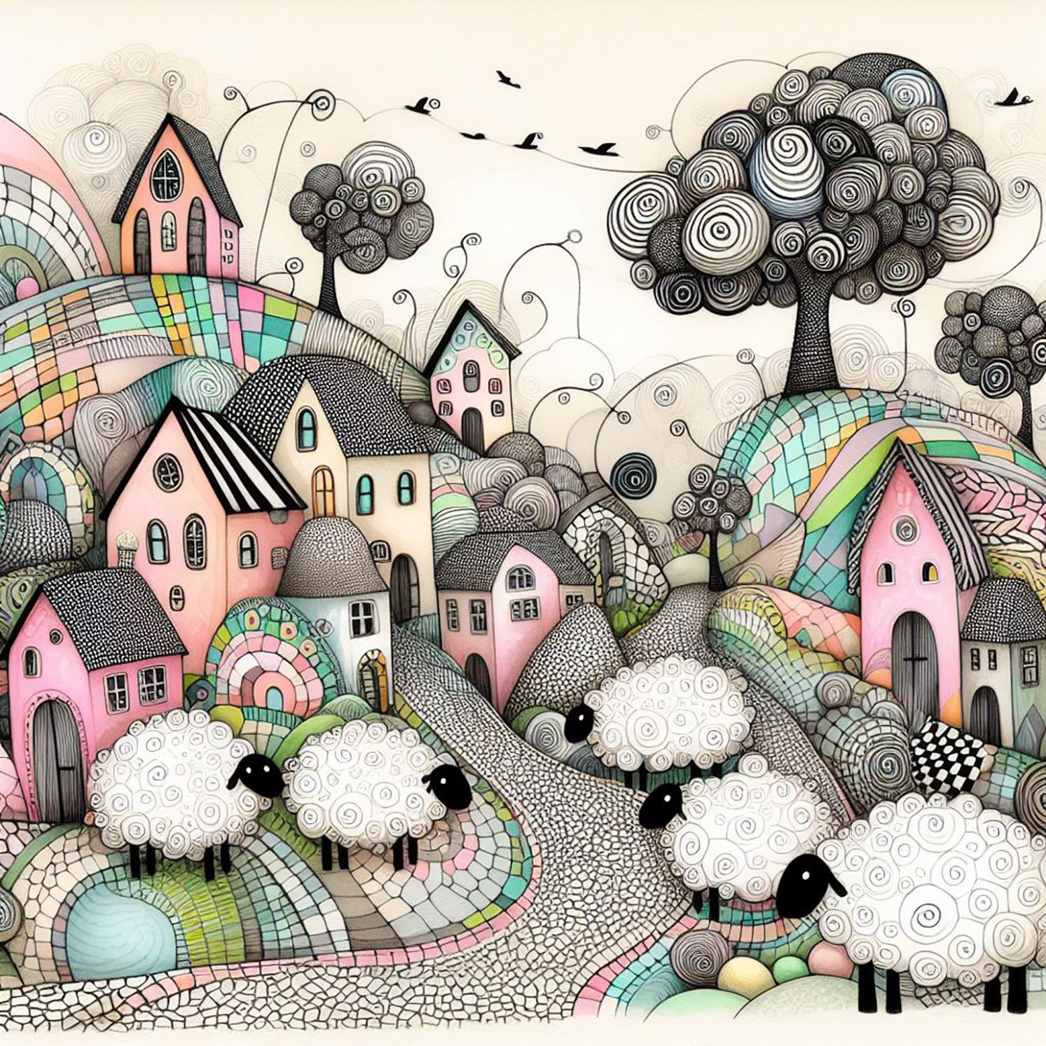 A whimsical world of quaint houses on patterned hills with lots of curly sheep. Pastel colours