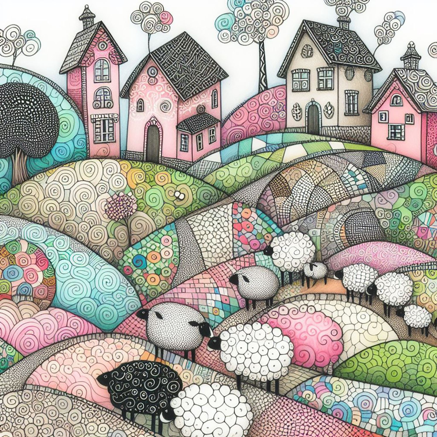 A whimsical world of quaint houses on patterned hills with lots of curly sheep. Pastel colours