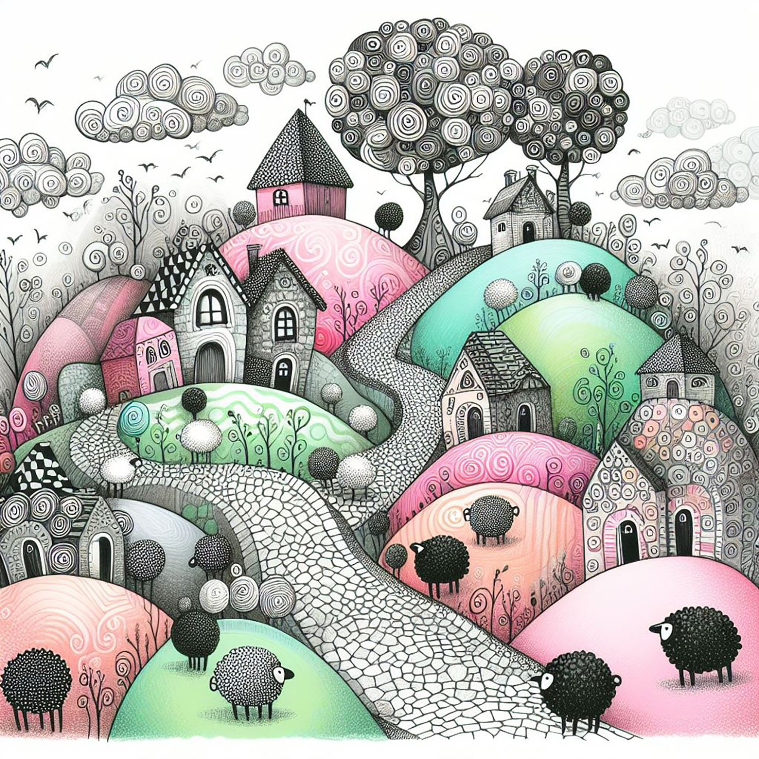 A whimsical world of quaint houses on patterned hills with lots of curly sheep. Pastel colours