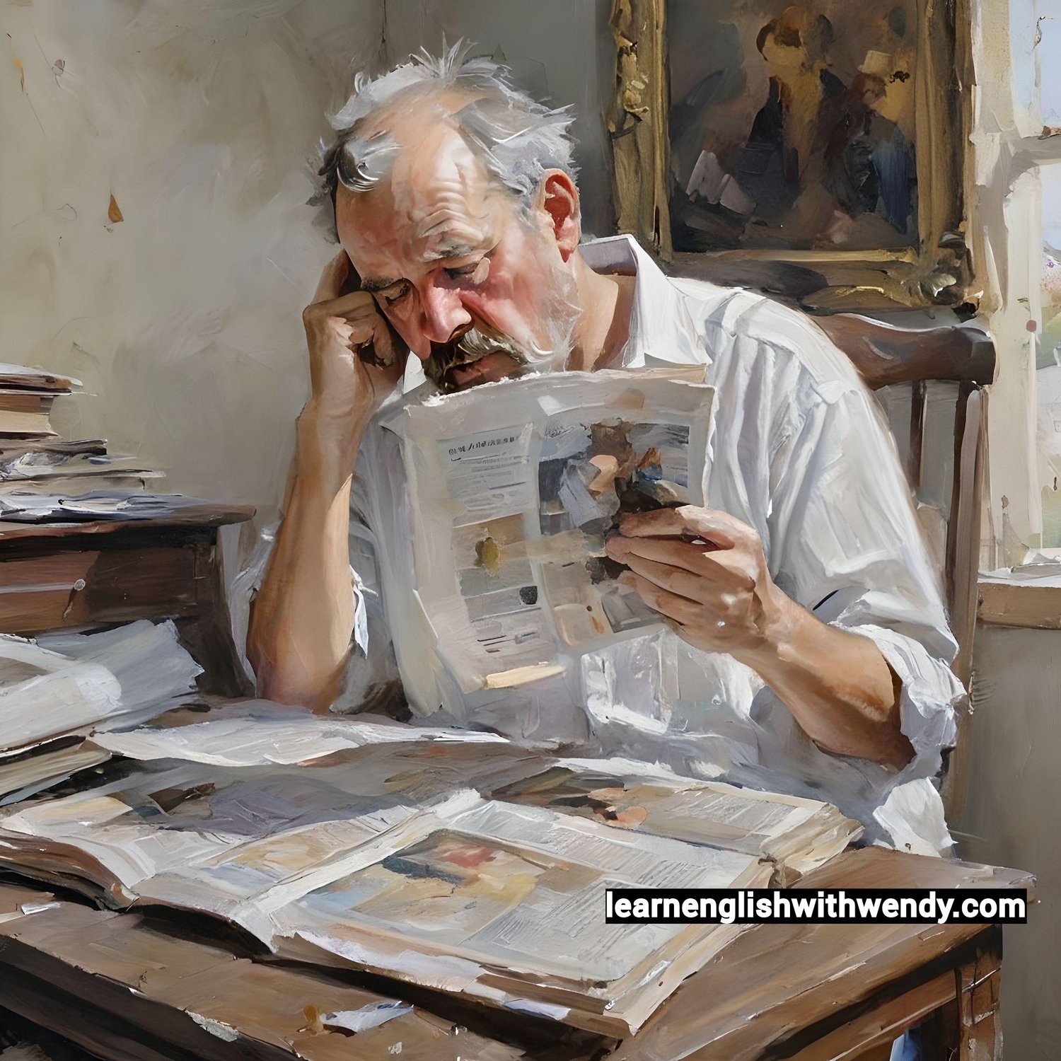 Old man reading the news from the newspapers spred all over his desk.