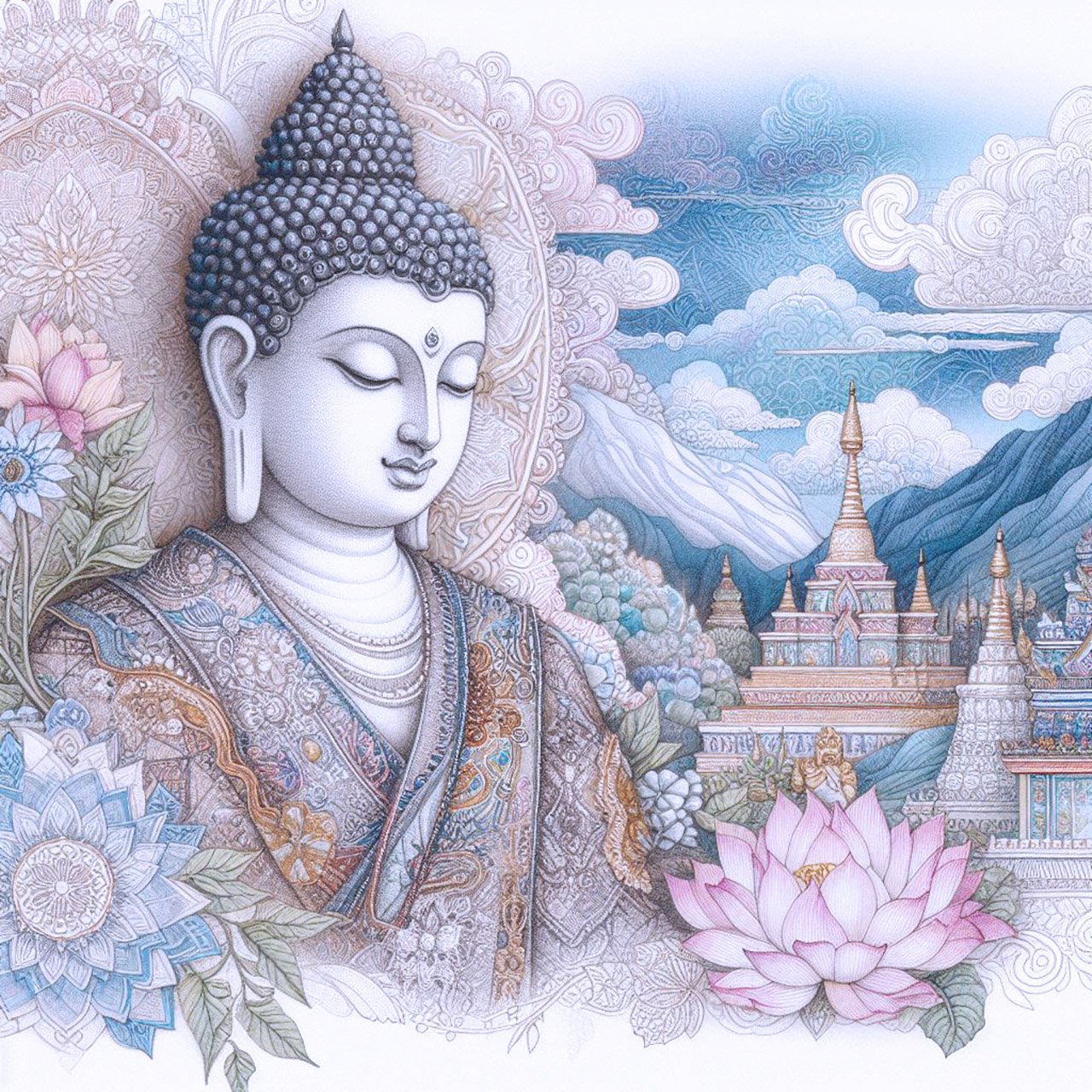 buddha with delicate woven robes with silver & gold glittery stitching. a backdrop of a mountains & a monasteries with intricate designs. Lotus flower petals. Blue cloudy sky. pastel shades., buddhas, monasteries, lotus flowers